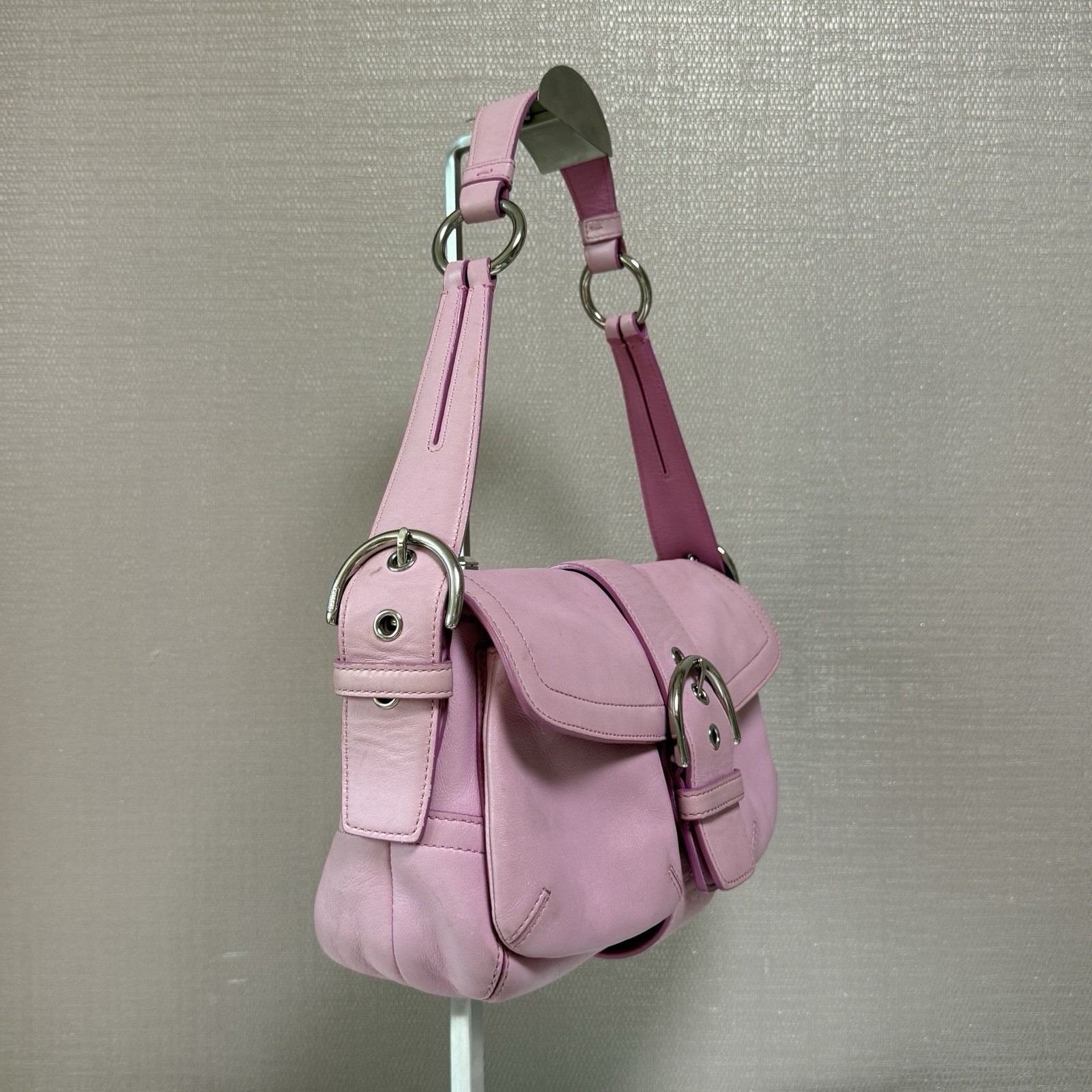 Rare Y2k VTG COACH Soho Double Pocket Buckle Flap Pink Leather Shoulde Bag 3653