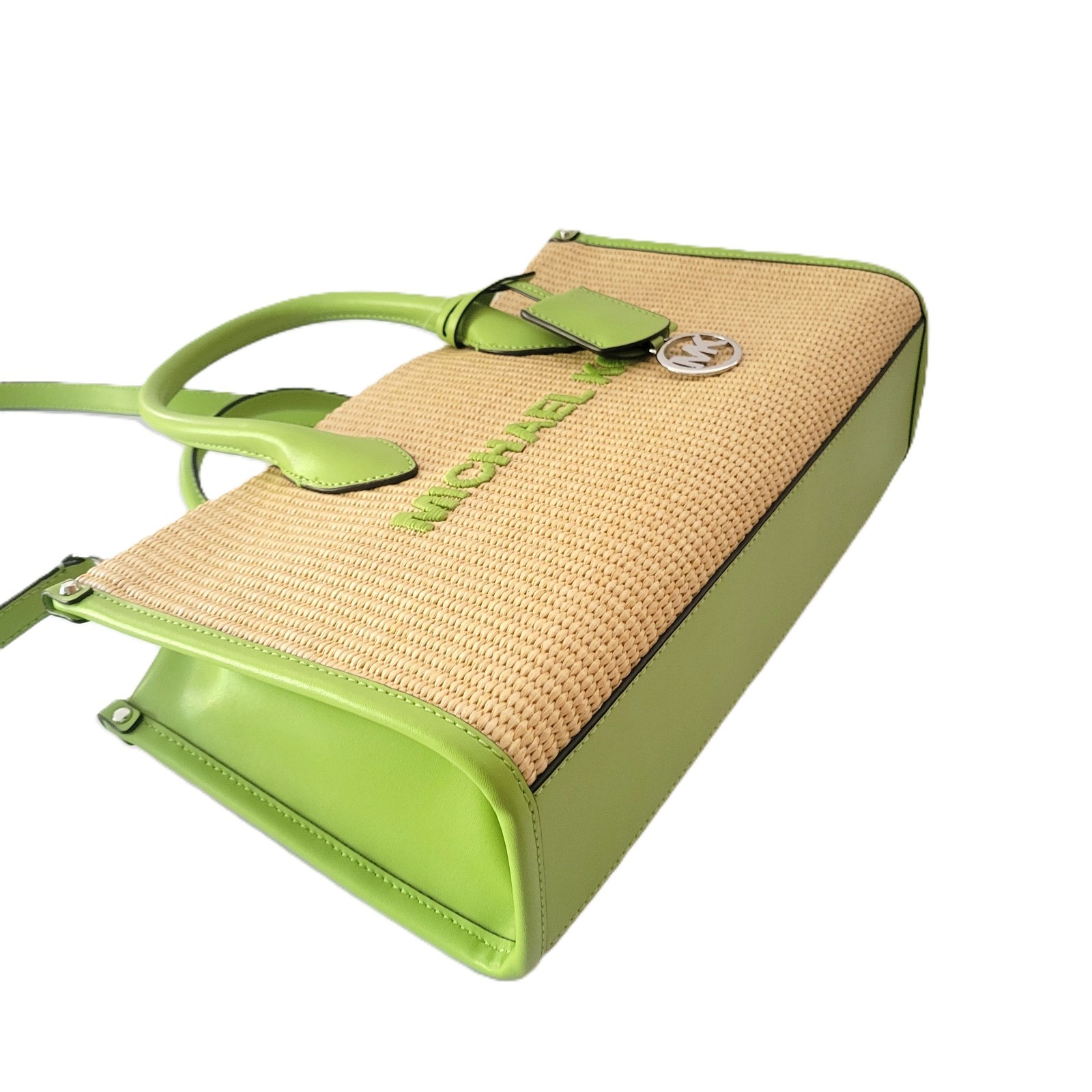 Michael Kors Mirella Medium EW Top Zip Satchel Lime Woven Straw Faux Leather