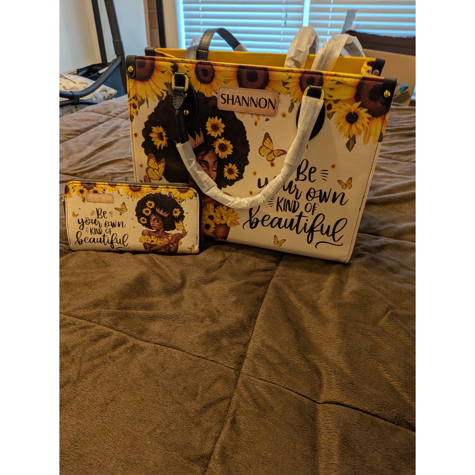 Shannon Sunflower Black Queen Tote Bag + Wallet Set Yellow Floral Inspirational