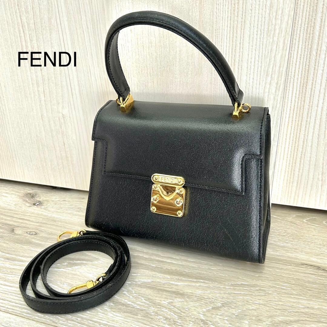 Fendi Lady Lock Black Leather 2Way Turn Lock Satchel Shoulder Bag Self Standing