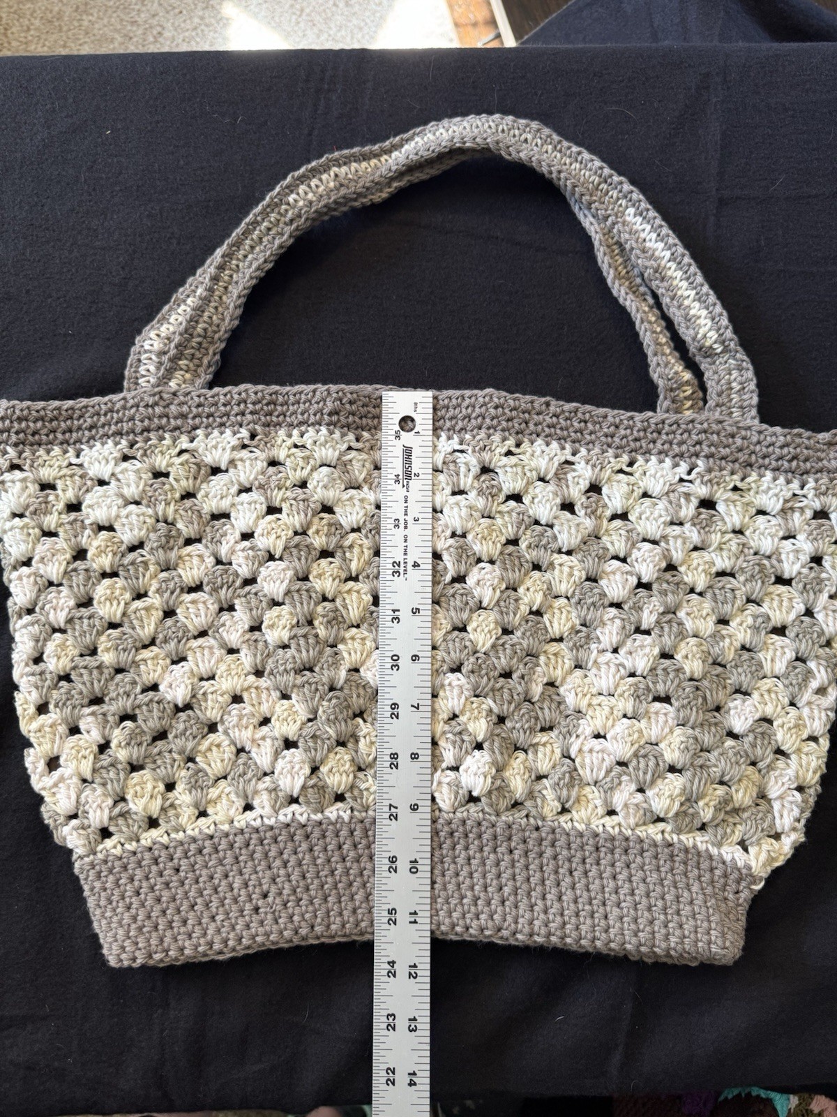 Handmade Crocheted Tote Bag Gray Beige Ivory Lined Interior Double Handles
