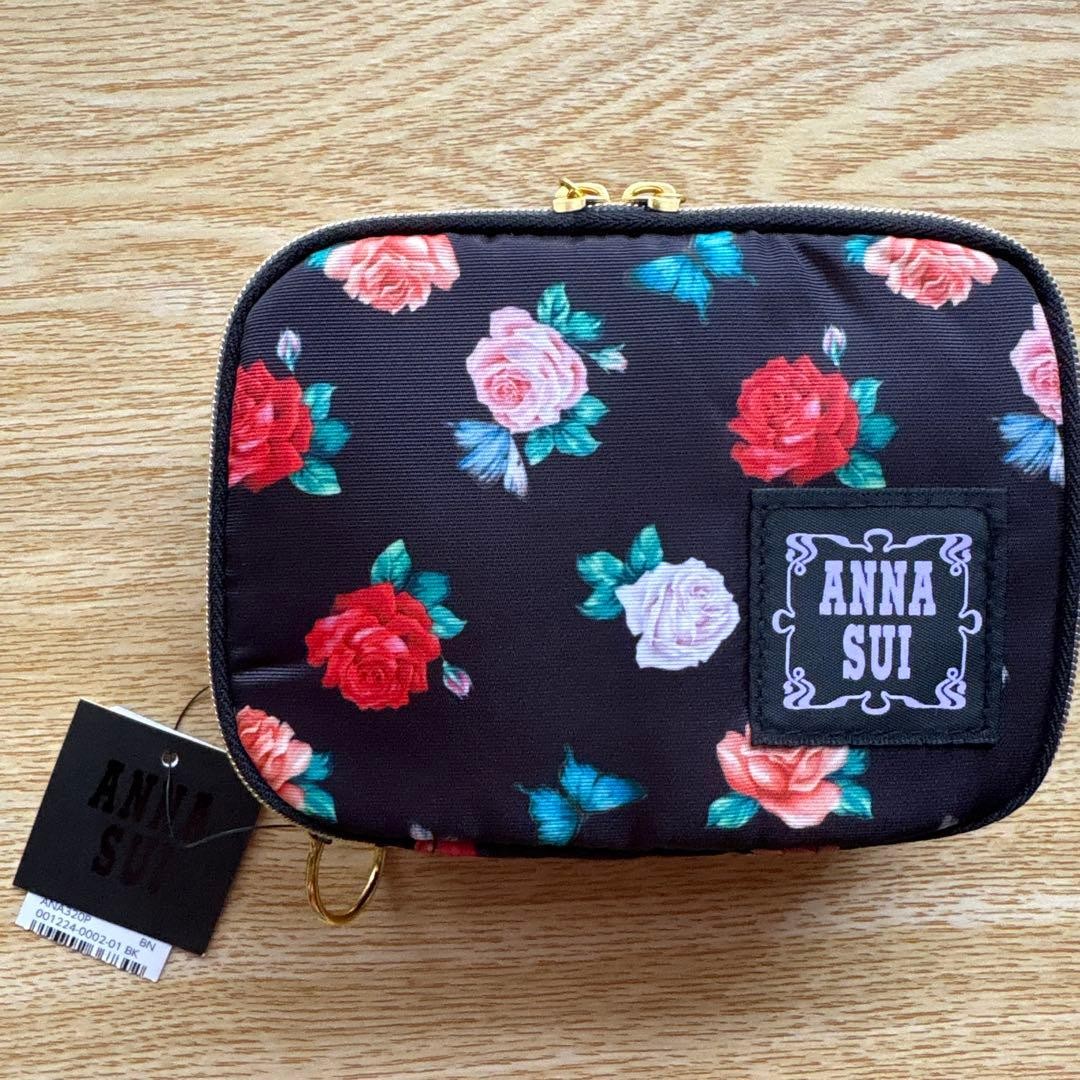 Rare Anna Sui Rose Pattern 2-Way Travel Pouch Black 14×10.5cm Japan For 14+ JP