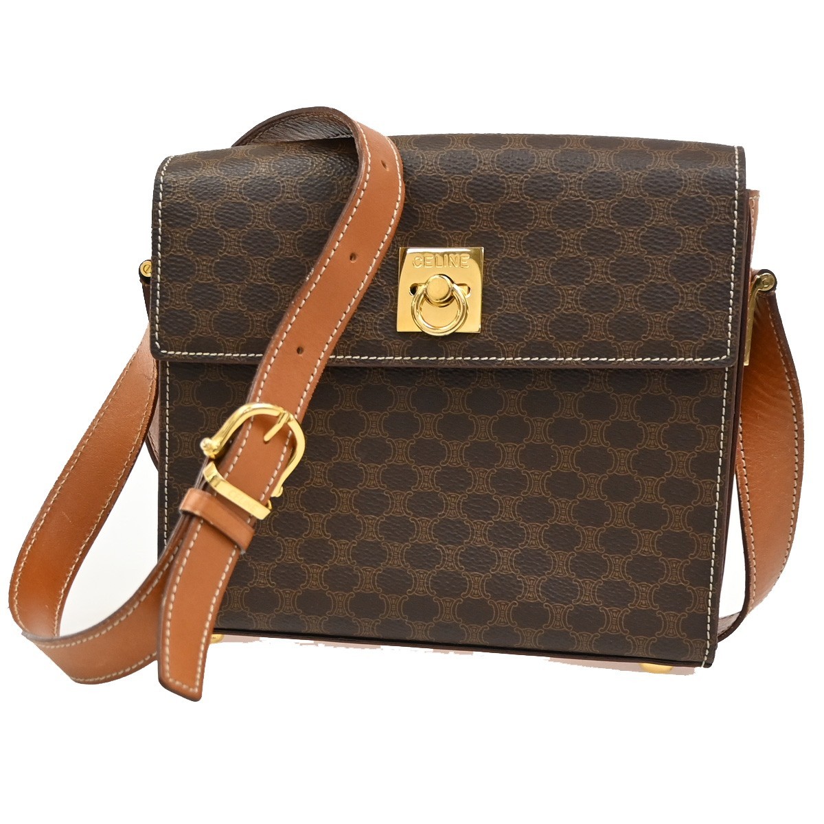 CELINE Macadam pattern Shoulder Bag PVC Leather Brown GHW 38TA402