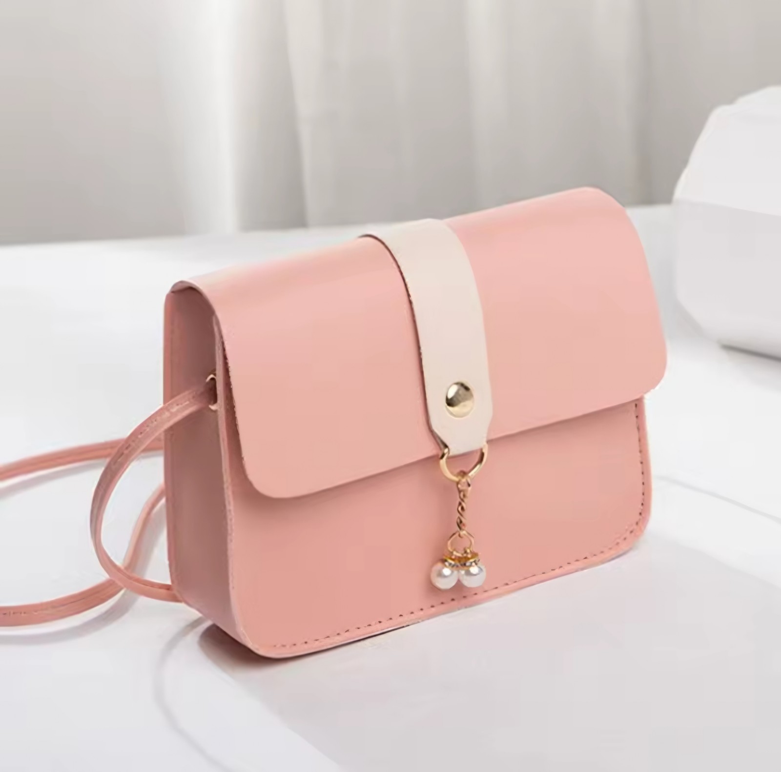 Women’s Small Pink Rectangle Crossbody Bag, Snap, Detachable Strap, Pearl, Gold