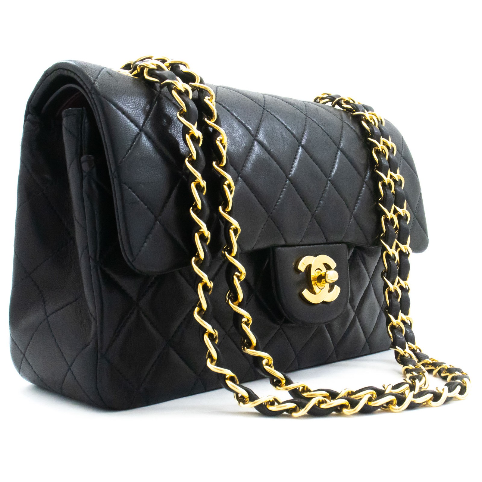 aj7 CHANEL Authentic Classic Double Flap 9″ Chain Shoulder Bag Black Lambskin