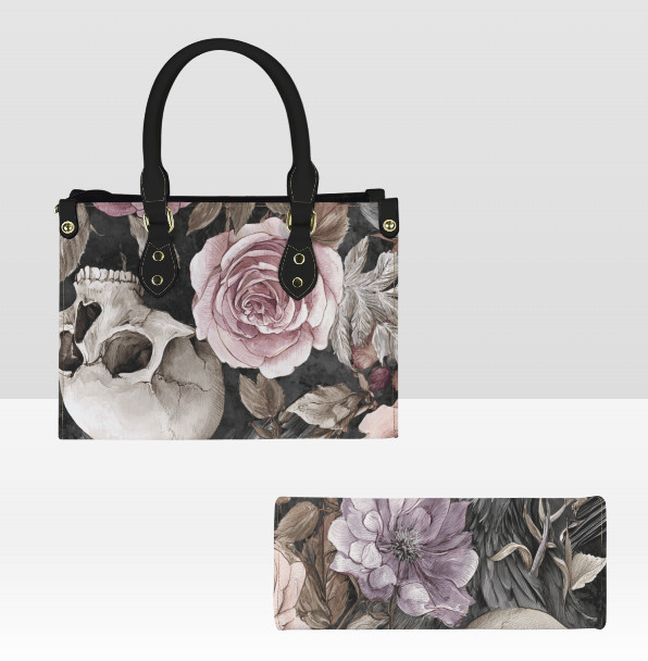 Gothic Black Crow Scull Lavender Roses Shoulder, Hand Bag, Satchel Floral Medium