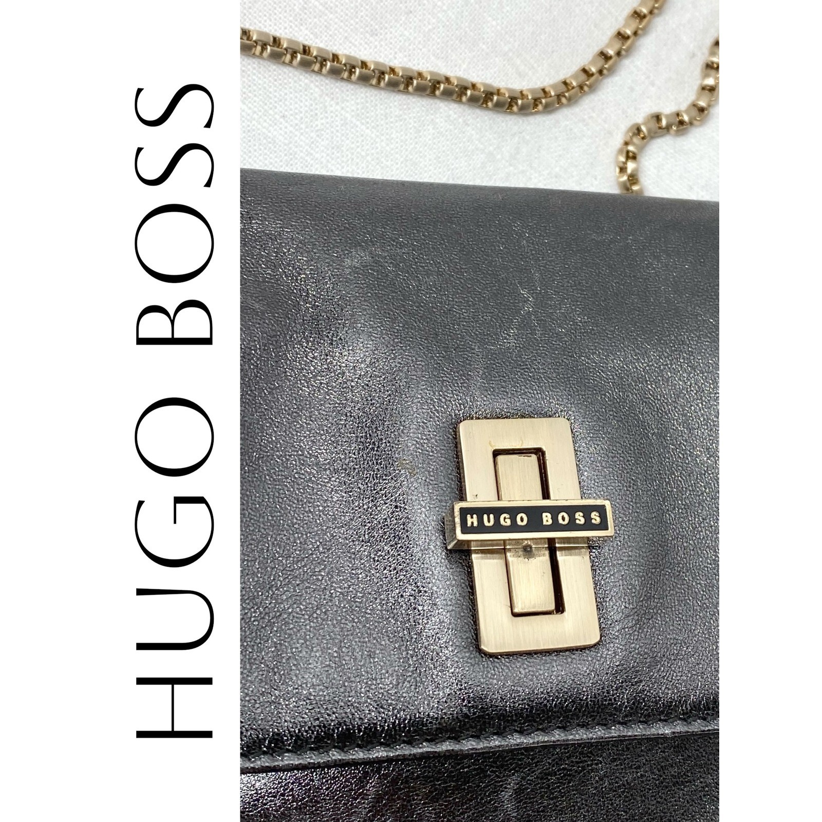 Hugo Boss Metallic Pewter Mini Shoulder Bag Crossbody Chain Strap Minimalist