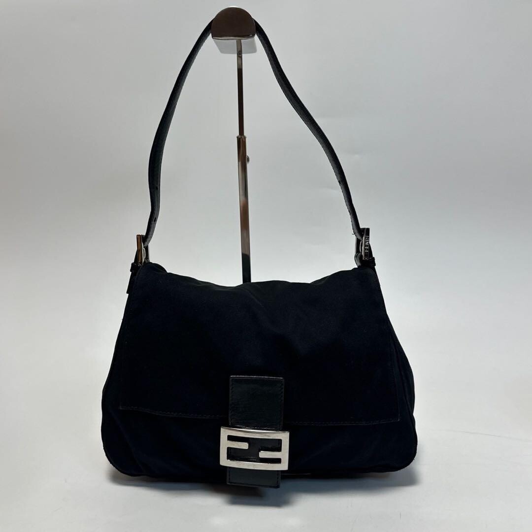 Fendi Mamma Baguette Black Cotton Leather Shoulder Bag FF Logo Auth