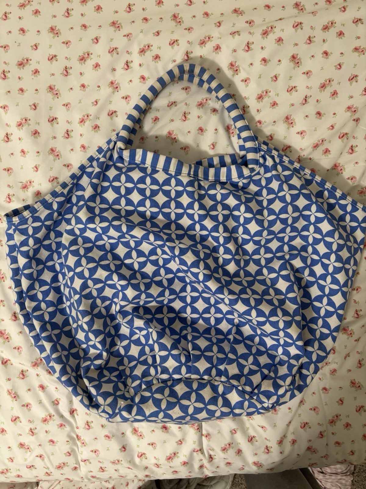 Pureology Blue White Geometric Tote Bag Top Handle Interior Pocket Logo