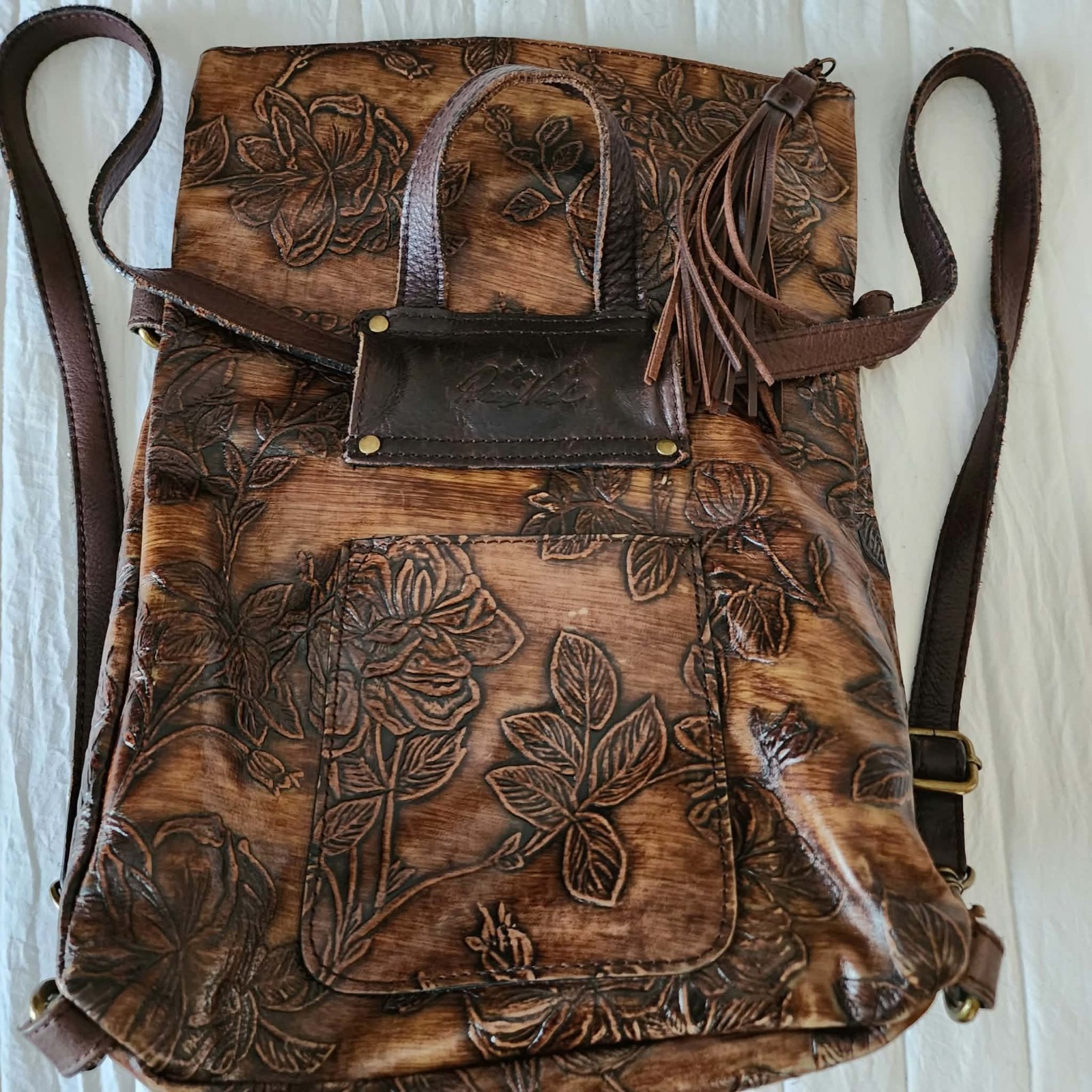 Patricia Nash Luzille Convertible Backpack Floral Embossed Leather Brown Tassel