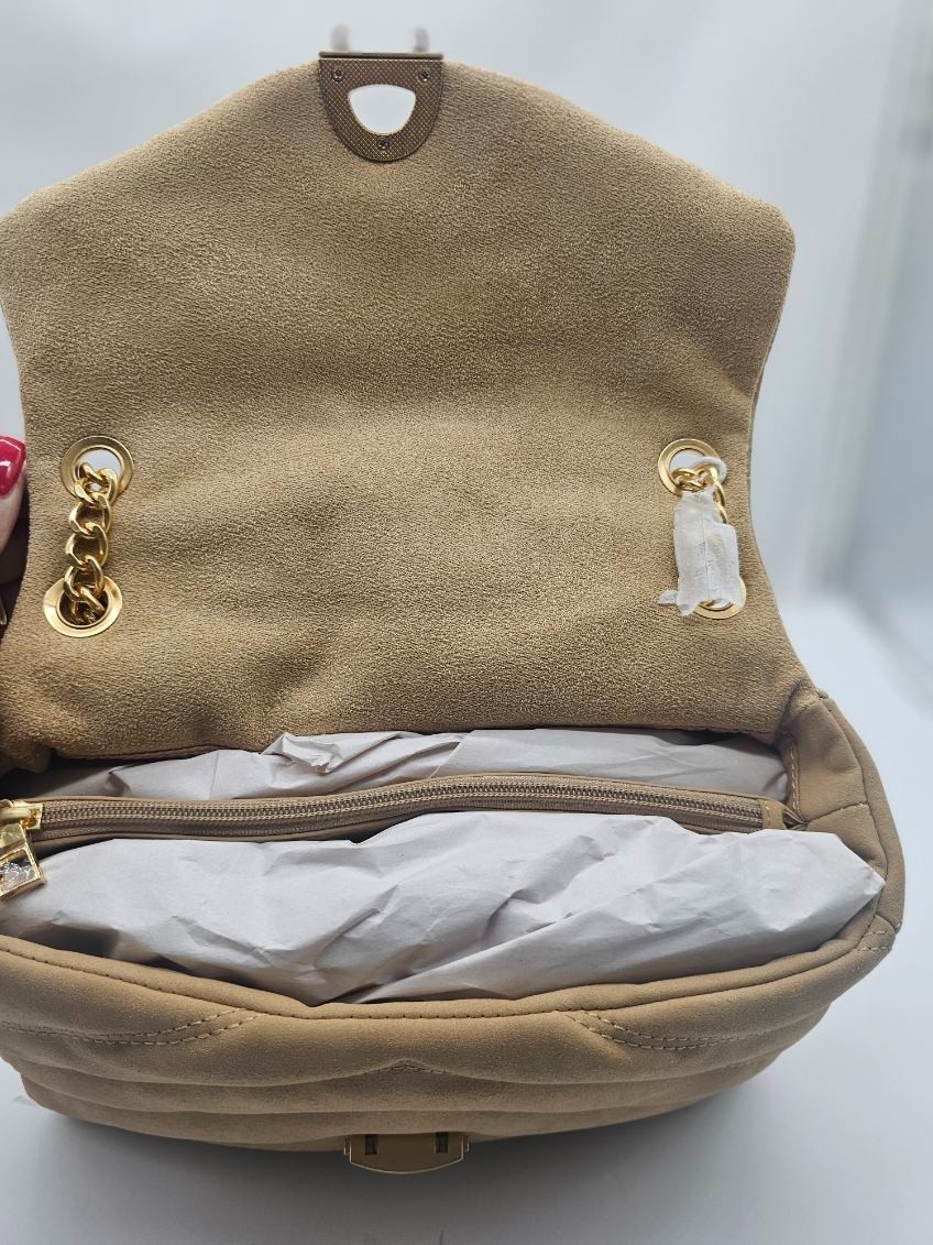 Womens Soft Quilted Flap Bag Faux Suede with Chain Tan NWT