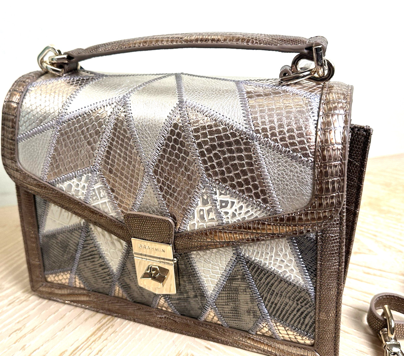 BRAHMIN SMALL HALLIE MULTI SILVER HILL WHITE BRONZE GOLD STAR LEATHER HANDBAG