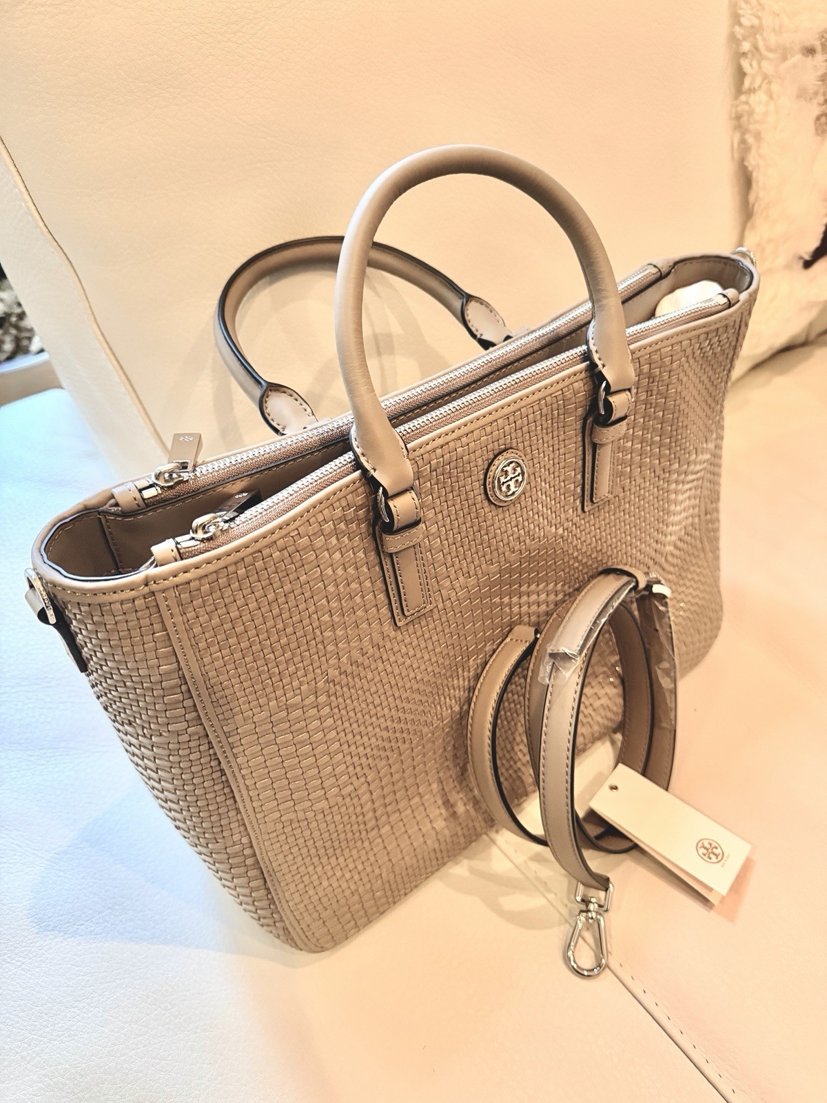 NWT Tory Burch Woven Tote Bag, French Gray, All Original Packaging