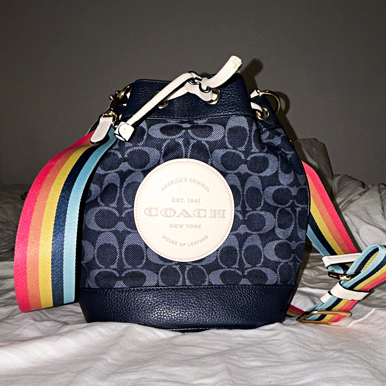 Coach Small Signature Logo Bucket Drawstring Bag w/ Detachable Multicolor Strap