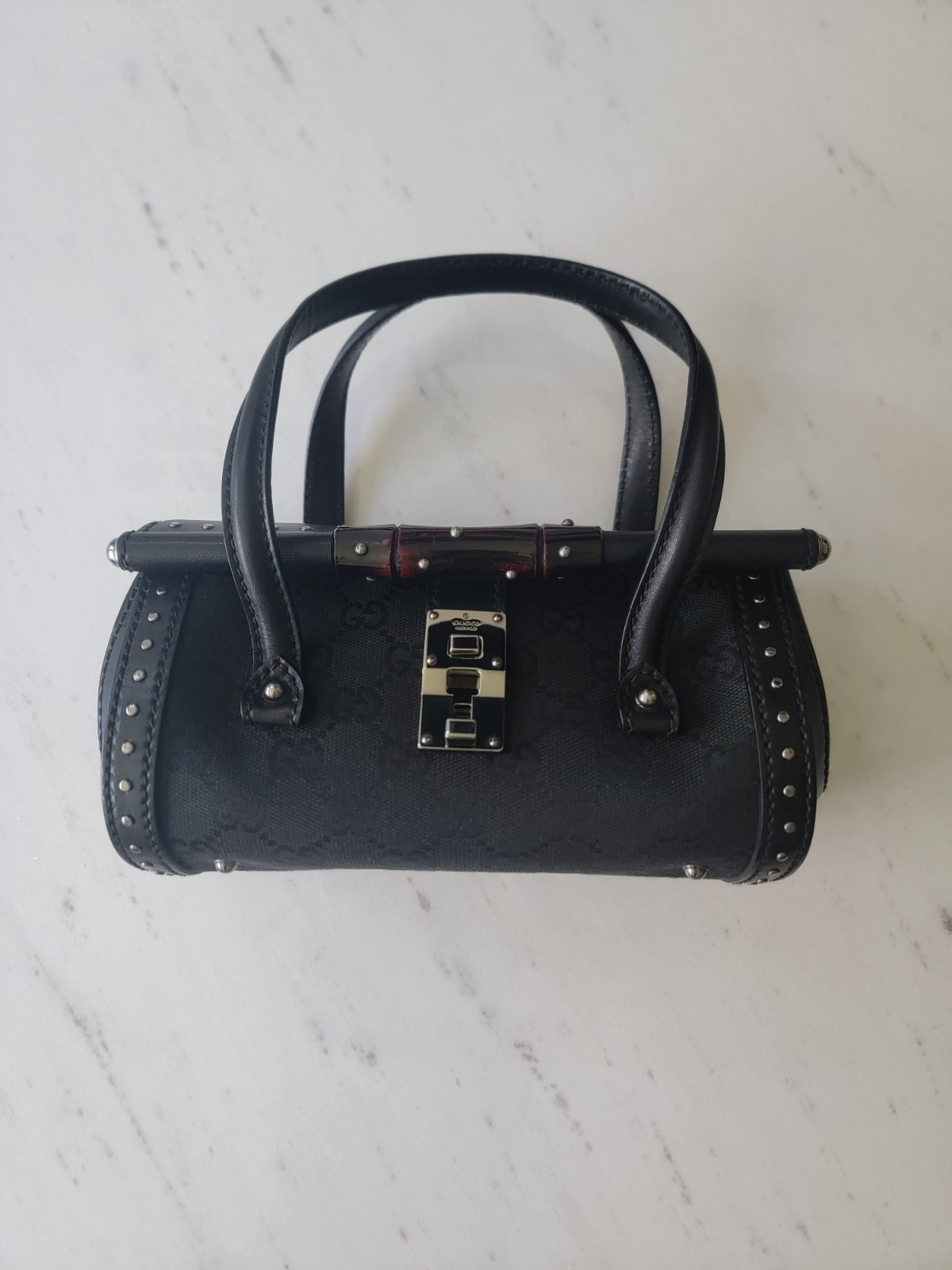 Gucci Tom Ford Rare Vintage Studded Bamboo Bullet Bag GG Monogram Black