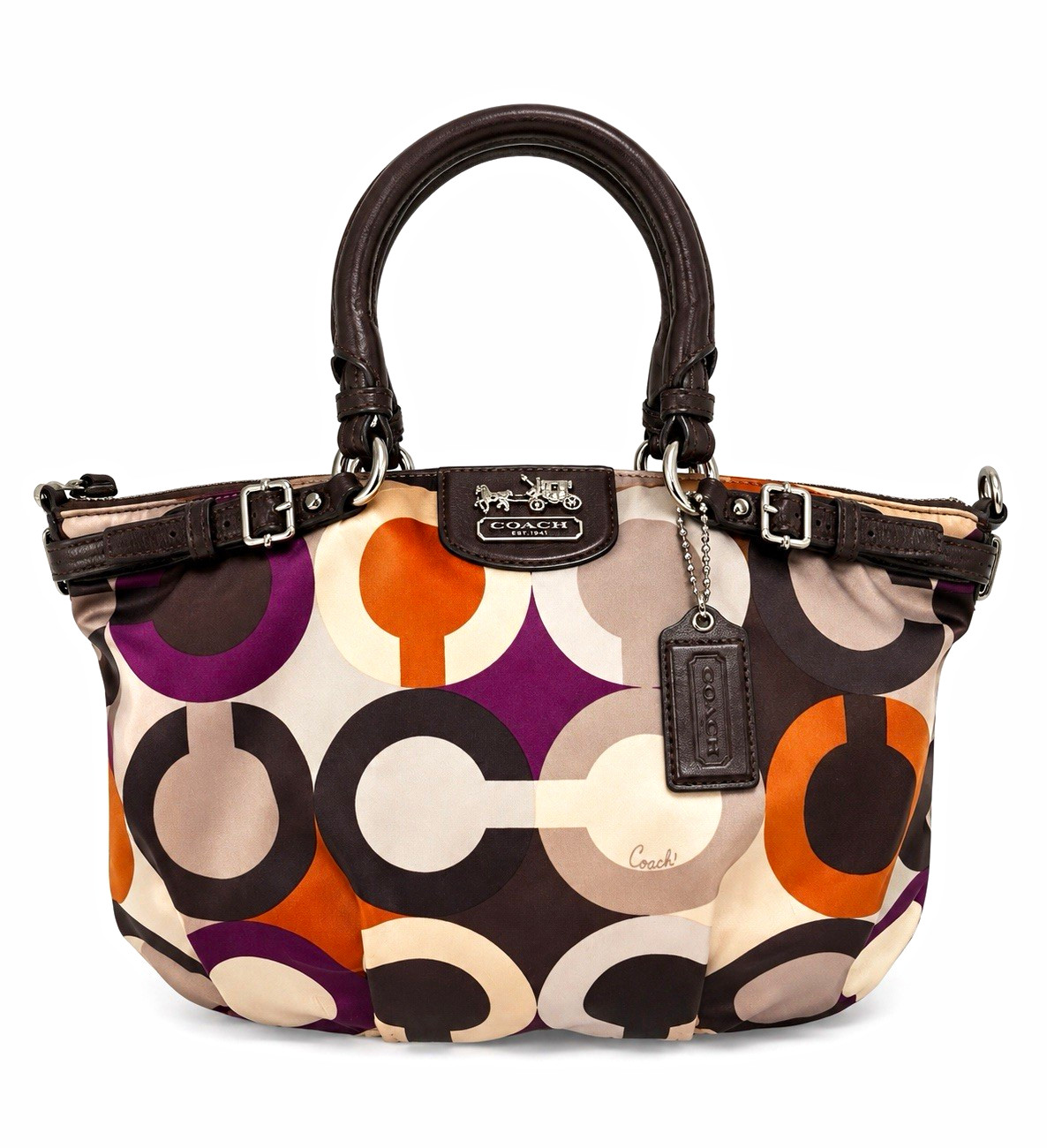 Coach Signature Op Art Satchel Zip Top Multicolor Purple Lining Charm Pockets