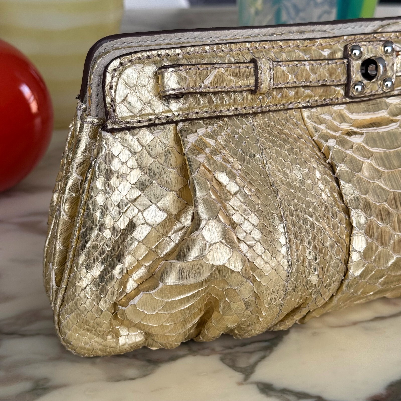 ZAGLIANI Gold Snakeskin Puffy Clutch Bag from 2006