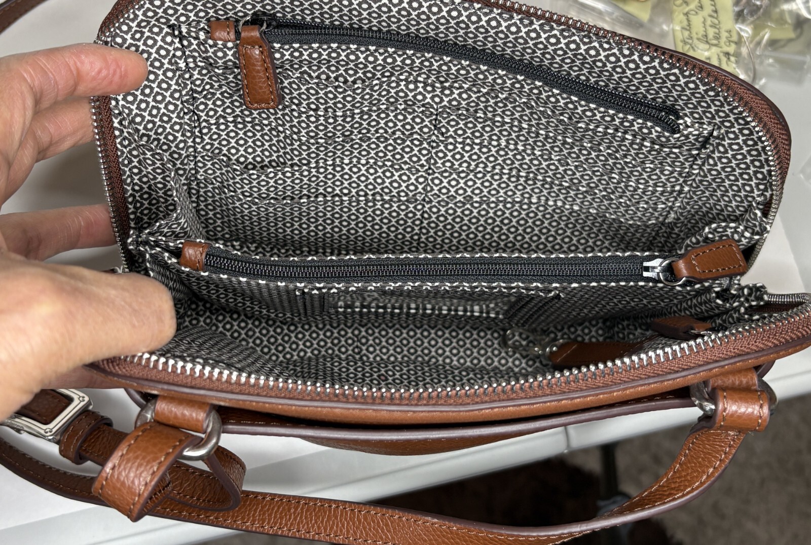 Brighton Zippered Brown Pebbled Leather Camera Crossbody Handbag (Car-181)