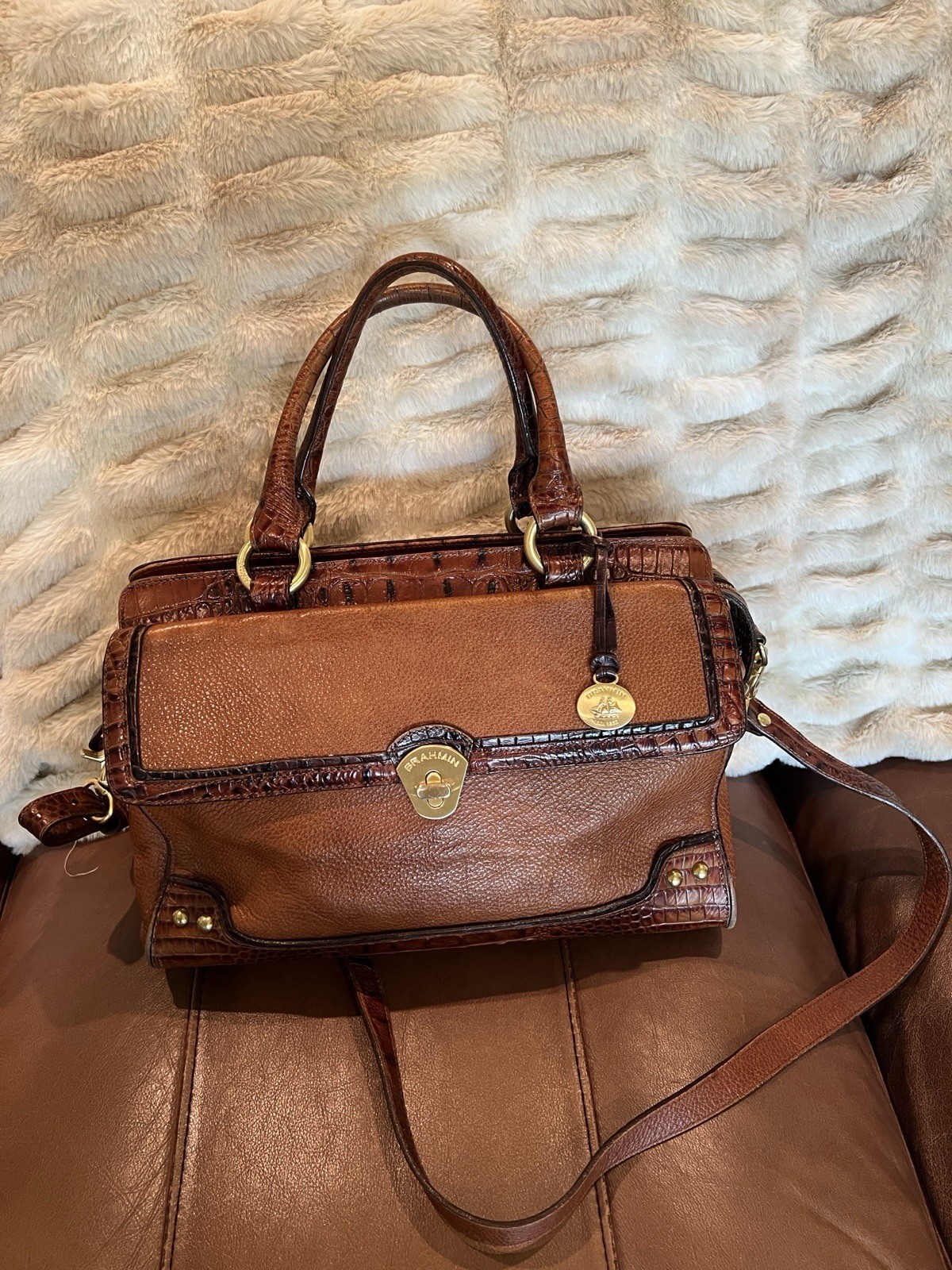 Vintage Brahmin Brown Pebbled Leather Croc Trim Satchel Gold Hardware Crossbody