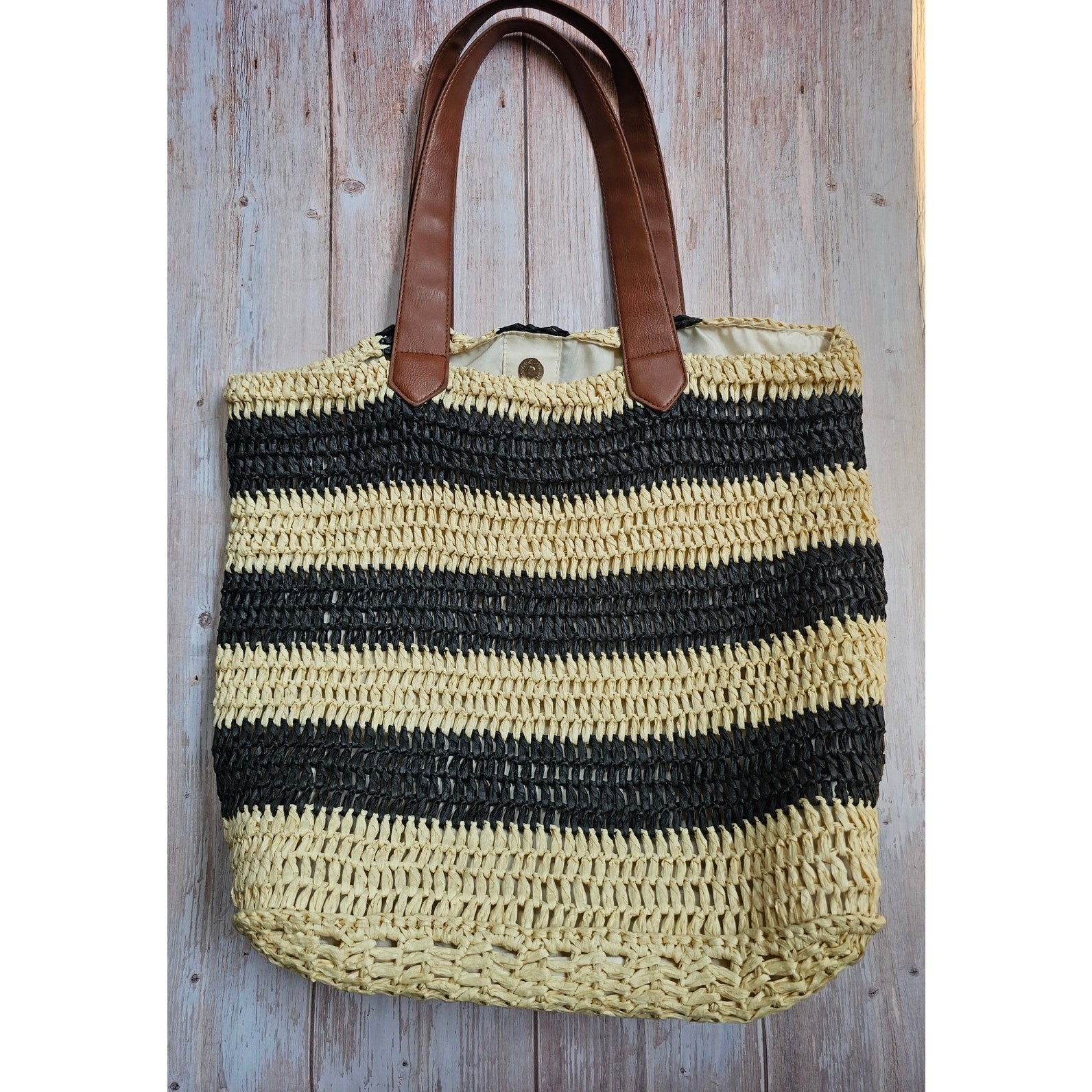 Vintage Raffia Crochet Tote Bag Black White Stripe Boho Straw Purse 15x18in