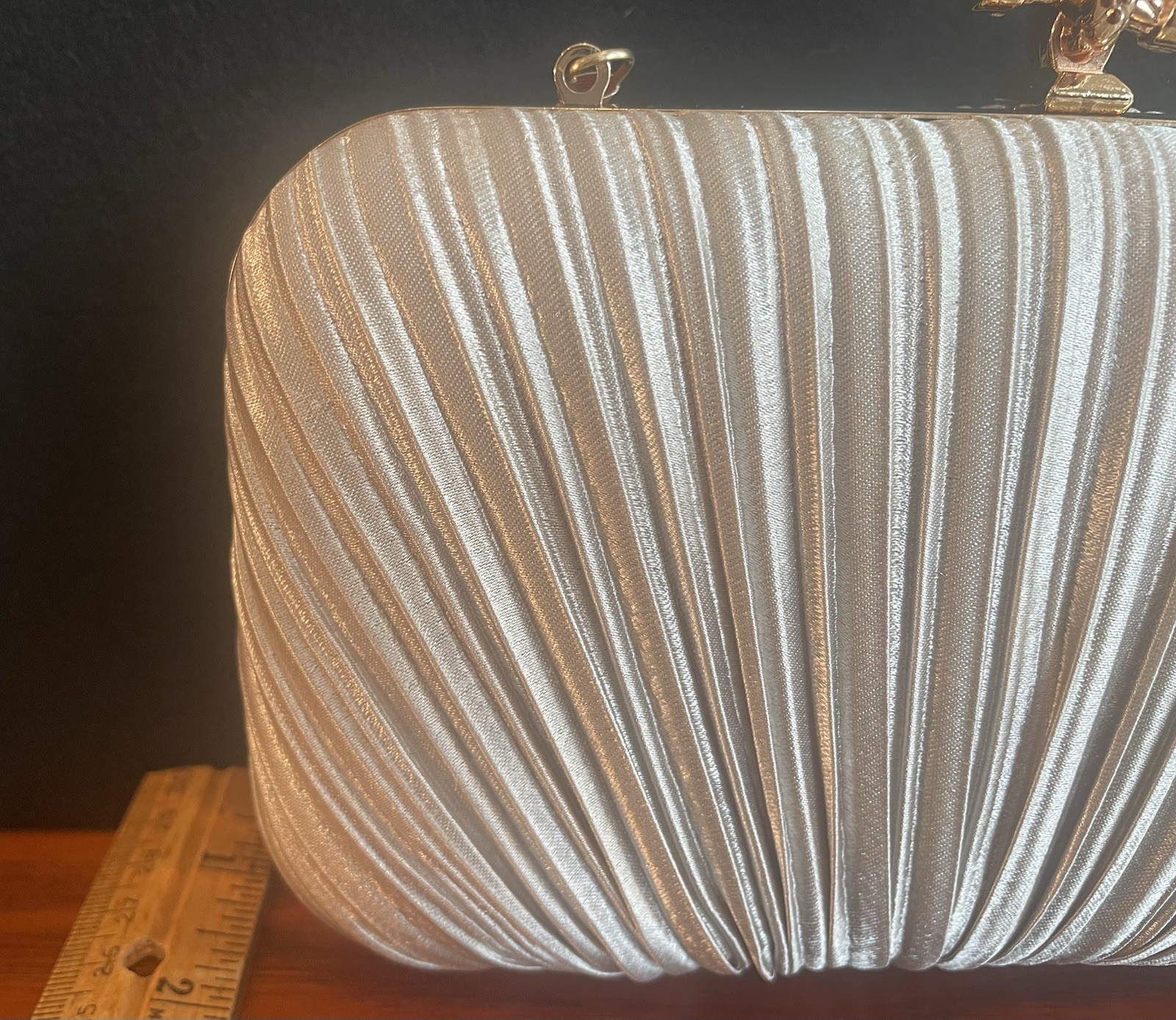 Champagne Pleated Satin Evening Clutch, Gold-tone Chain Sunburst/Seashell design