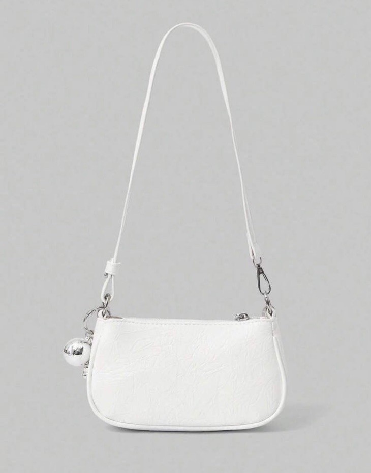 White Solid Crescent Shoulder Bag Purse Chain Strap Silver Charm Logo Zip Detach