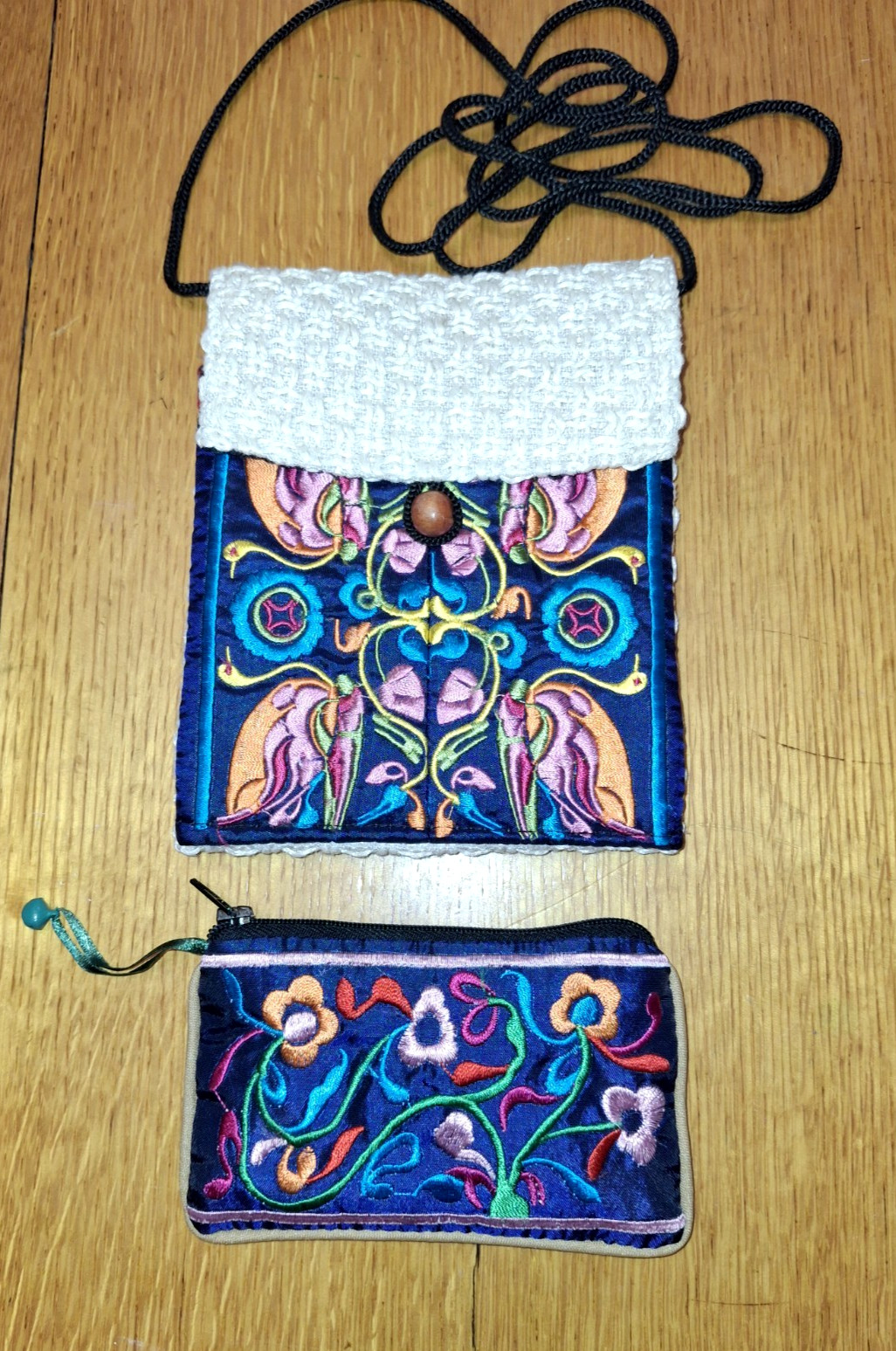 Two New Small Asian Cloth Bags Shoulder Strap Purse Change Bag with Embroideries