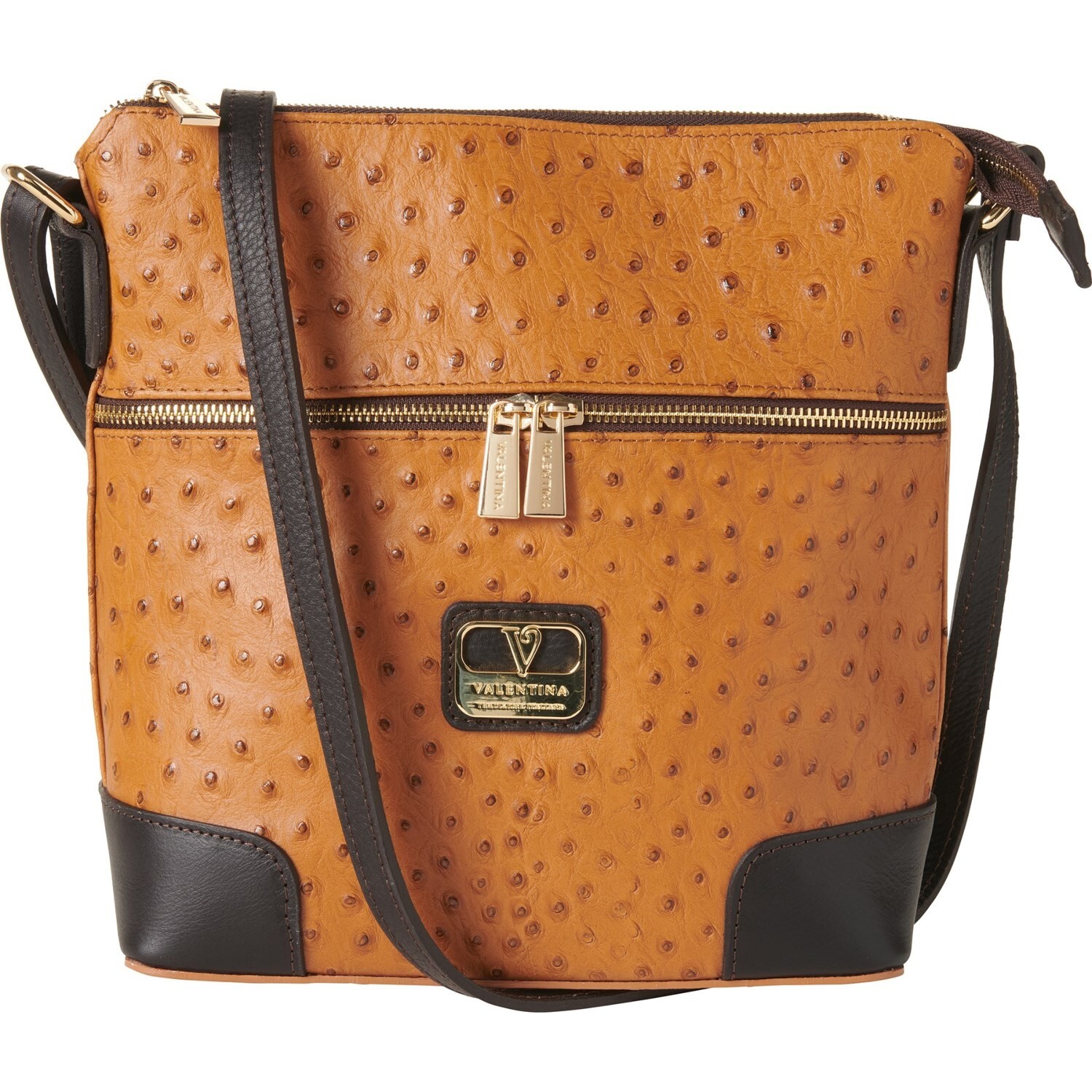 VALENTINA ITALY LEATHER NORTH SOUTH BROWN GOLD CROSSBODY HANDBAG PURSE $180 NEW
