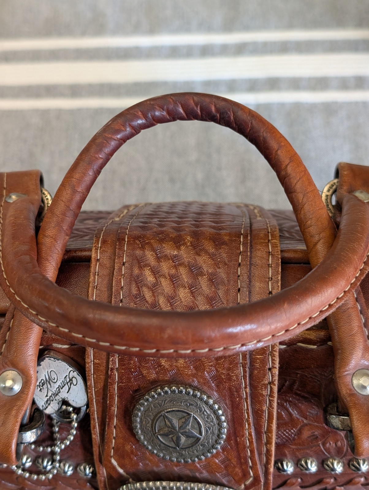 American West Brown Tooled Leather Satchel Doctor Style Silver Studs