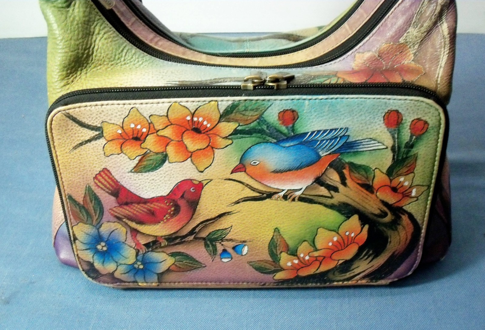 Anuschka hand painted leather handbag~Birds~Flowers~