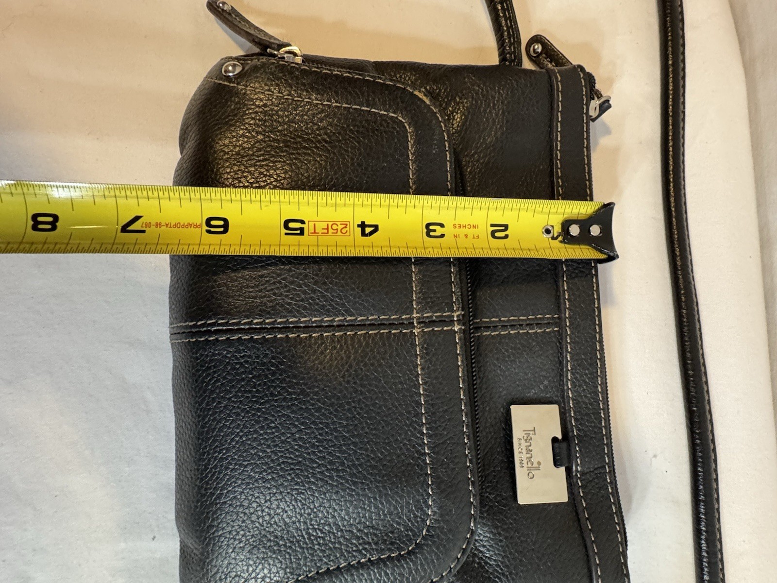 Tignanello Black Pebbled Leather Crossbody Bag White Accent Stitching & Logo