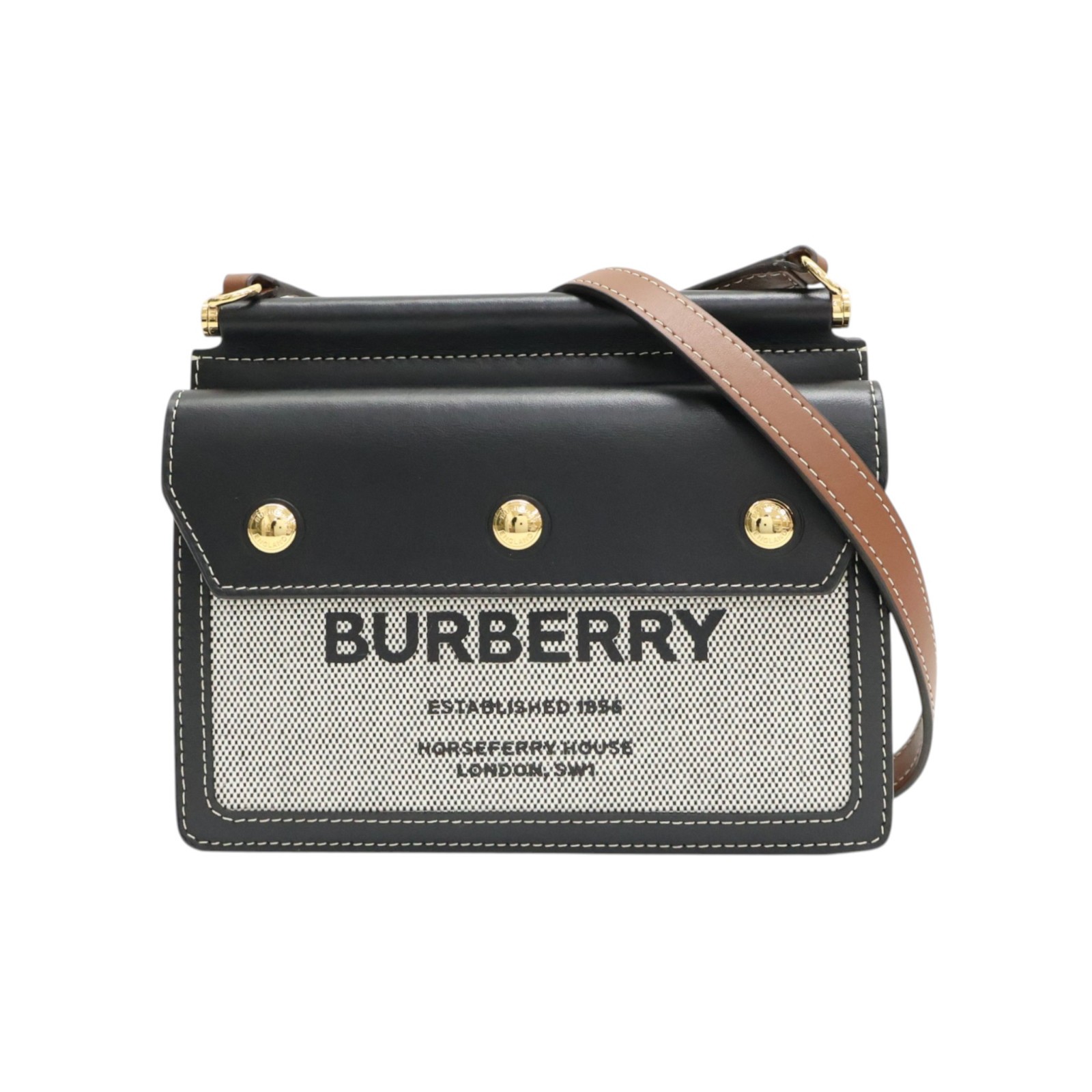 BURBERRY Mini Horseferry Shoulder Bag Grey Canvas Black Calfskin 8042852