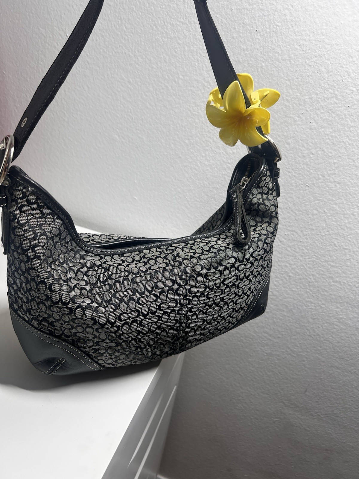 Coach SoHo Signature Monogram Small Crescent Shoulder Bag Zip Black Gray