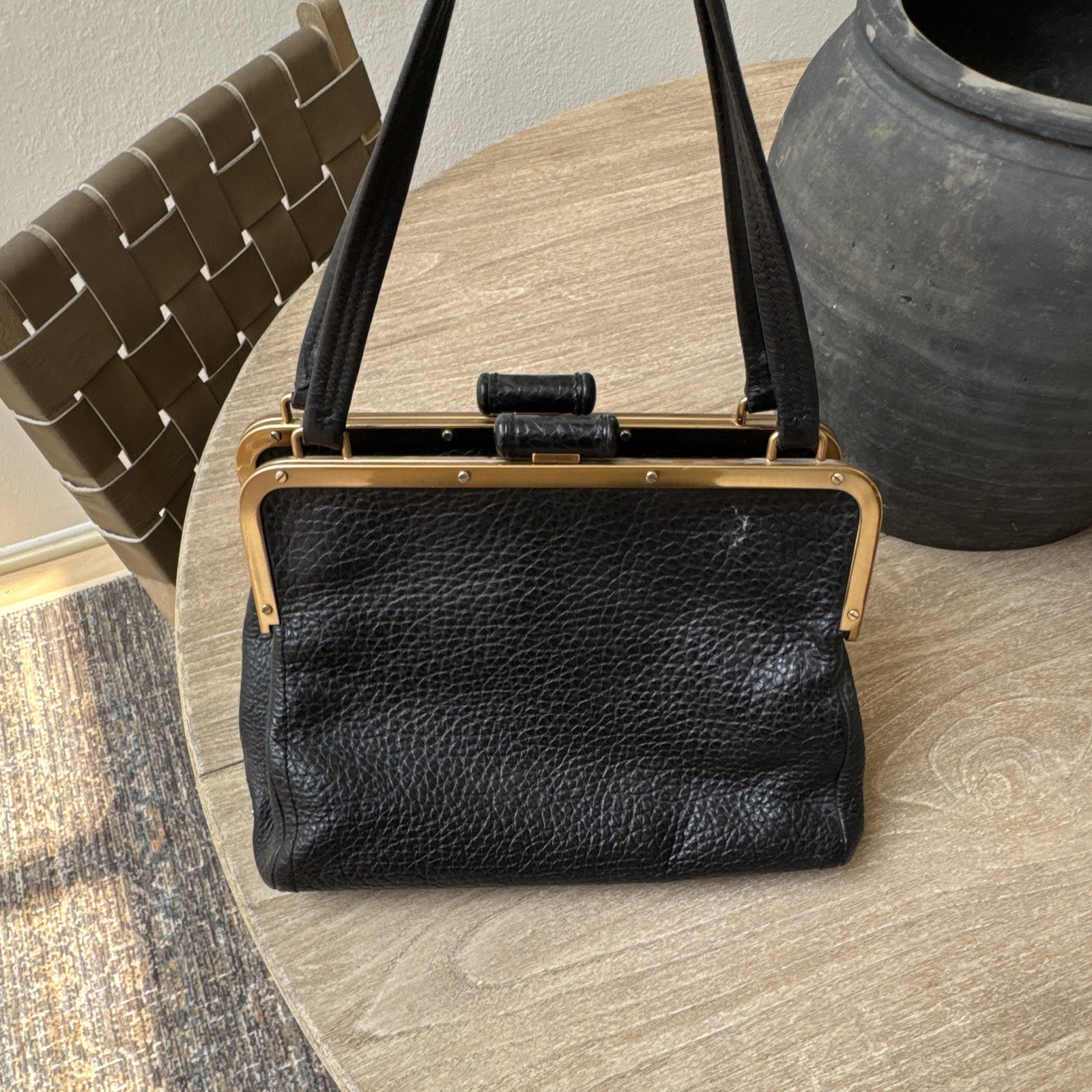 PRADA Cervo Antik Frame Top Handle Bag Black Pebbled, Gold Logo, Dust Bag