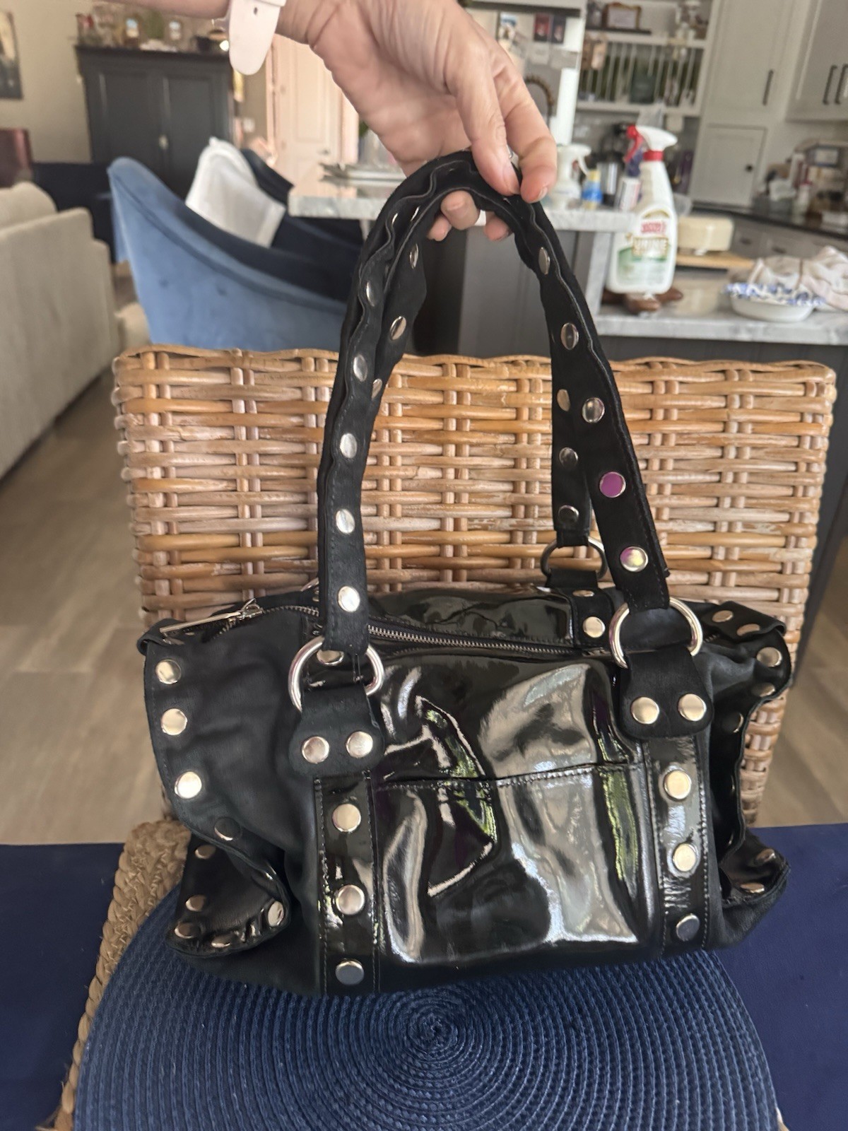 Hammitt Westwood Satchel Black Mixed Media Patent Leather Handbag Beautiful!