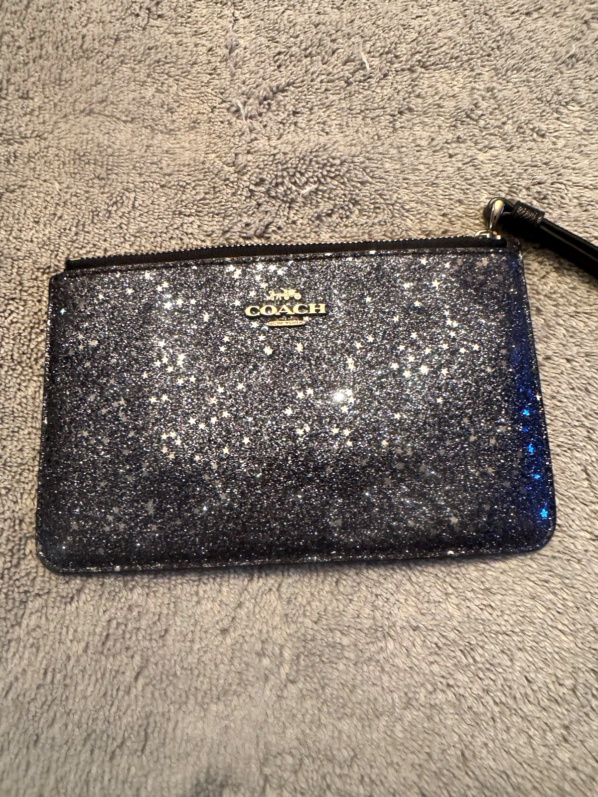 Coach Stars Wristlet Black/Silver Zip w/ Wrist Strap Logo Accents Card Pocket