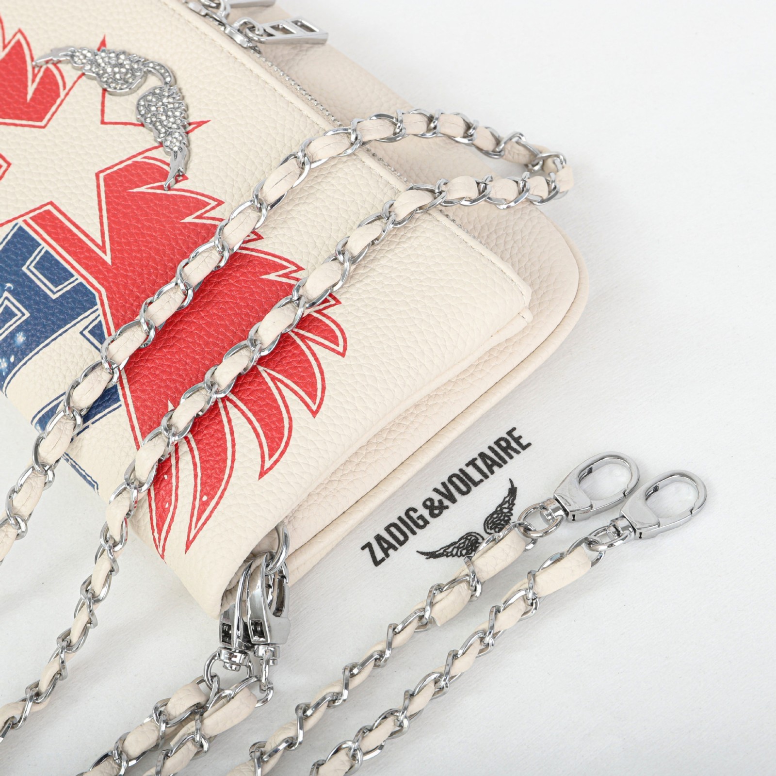 Zadig & Voltaire Cream Leather Bag Red Wing Star Graphic Dual Chain 27x15cm