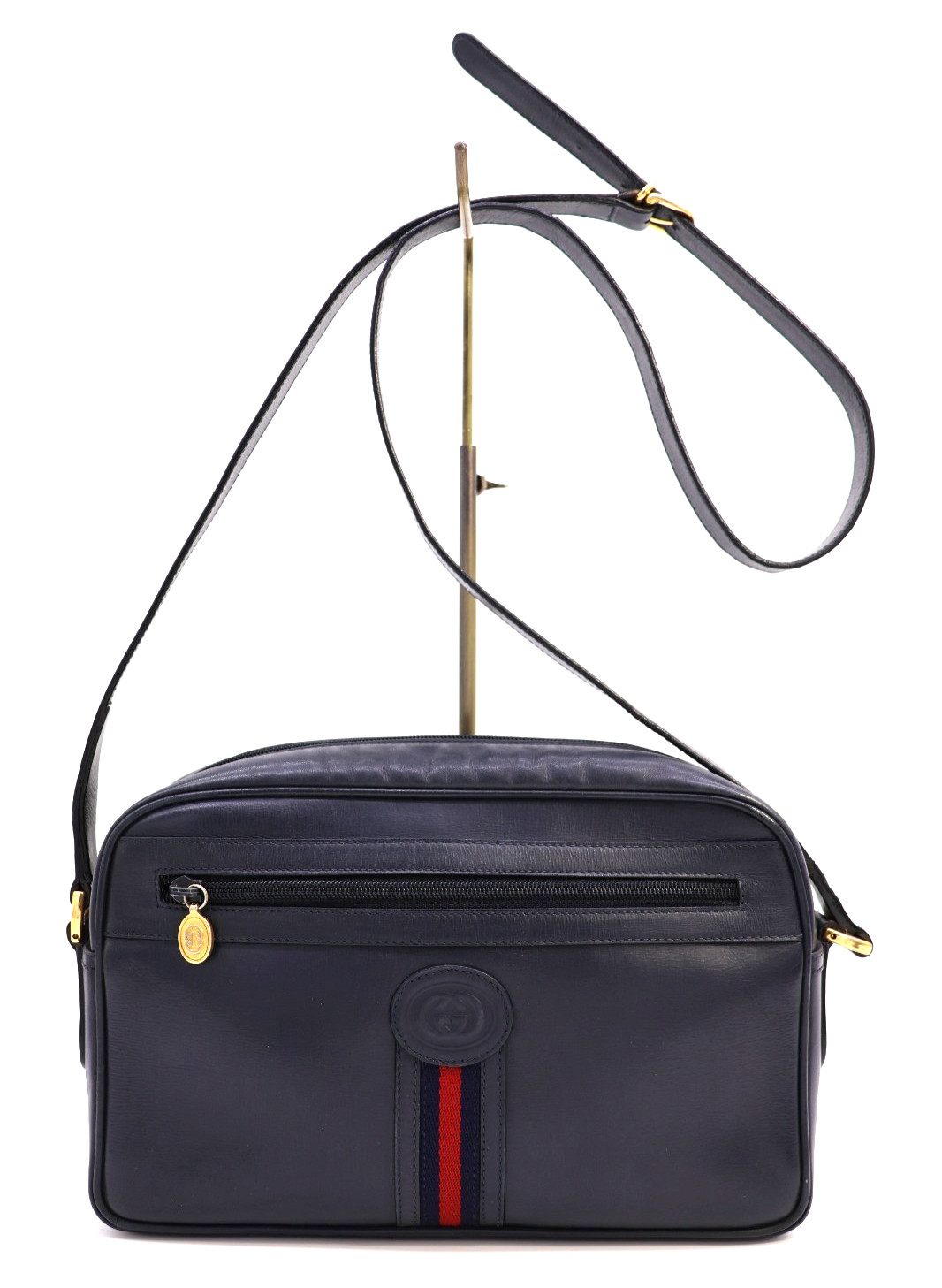 GUCCI VINTAGE Web Stripe Shoulder Bag Navy Leather Rare Authentic