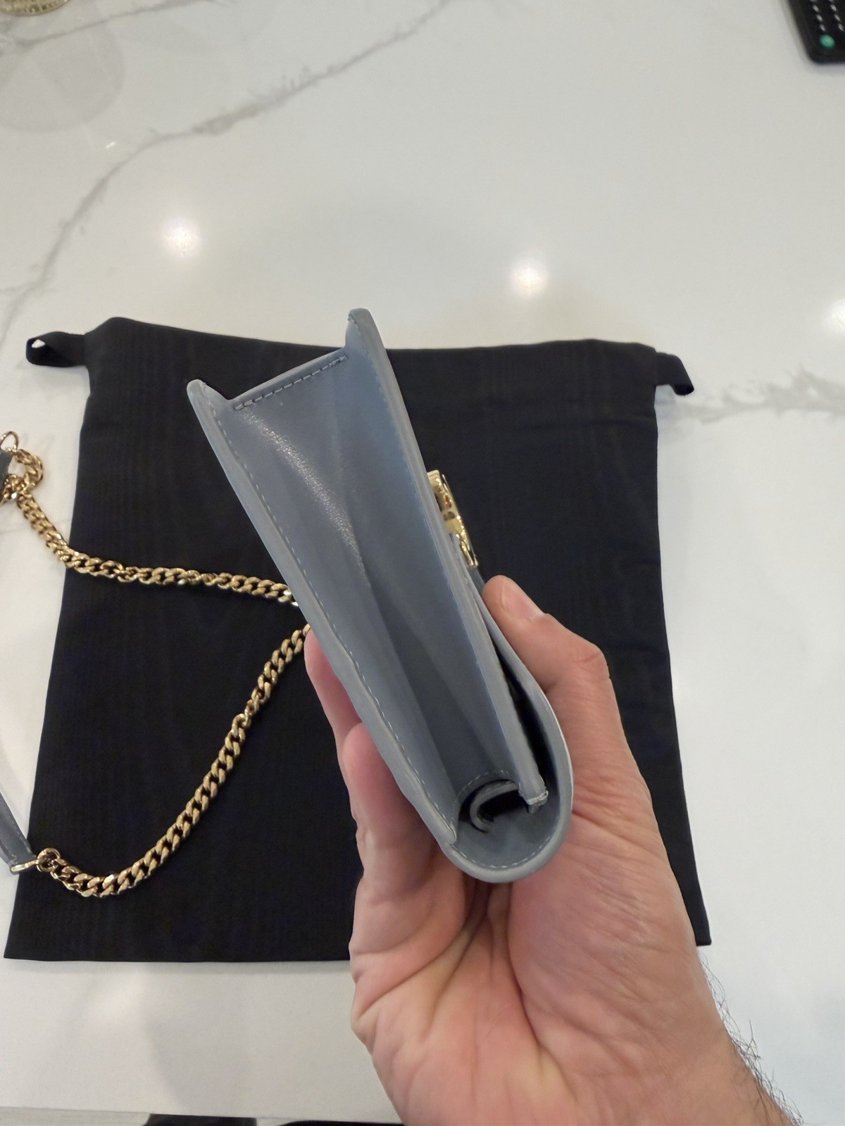 Celine Wallet On Chain , Triomphe Bag With Chains, Leather Blue Grey, authentic