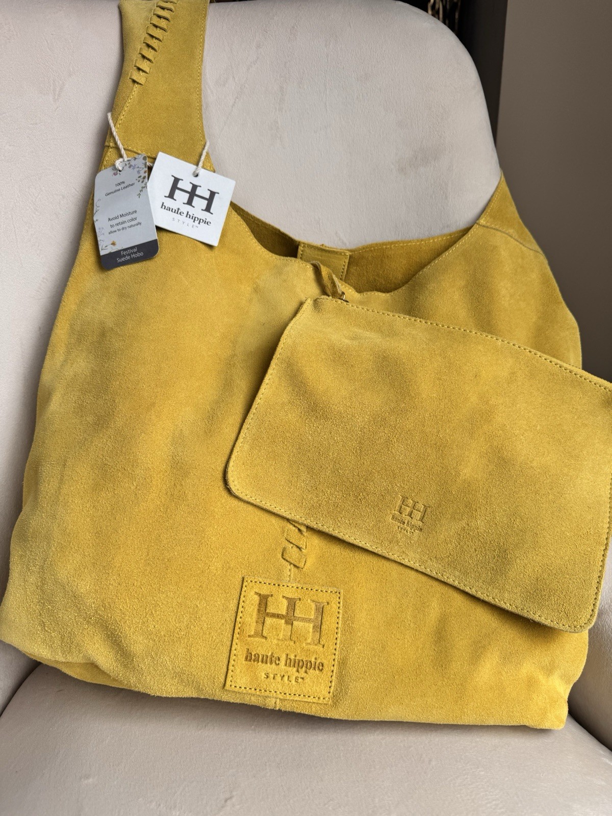 Haute Hippie Yellow Hobo Bag Shoulder Strap Pouch Strap Accent Inner Pockets