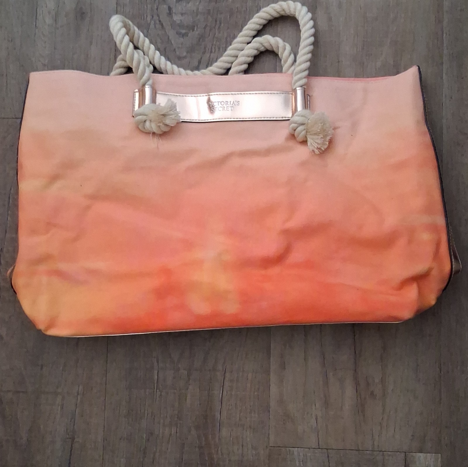 Victoria’s Secret Pink/Orange Gradient Tote Rope Double Handles Snap Gold Lined
