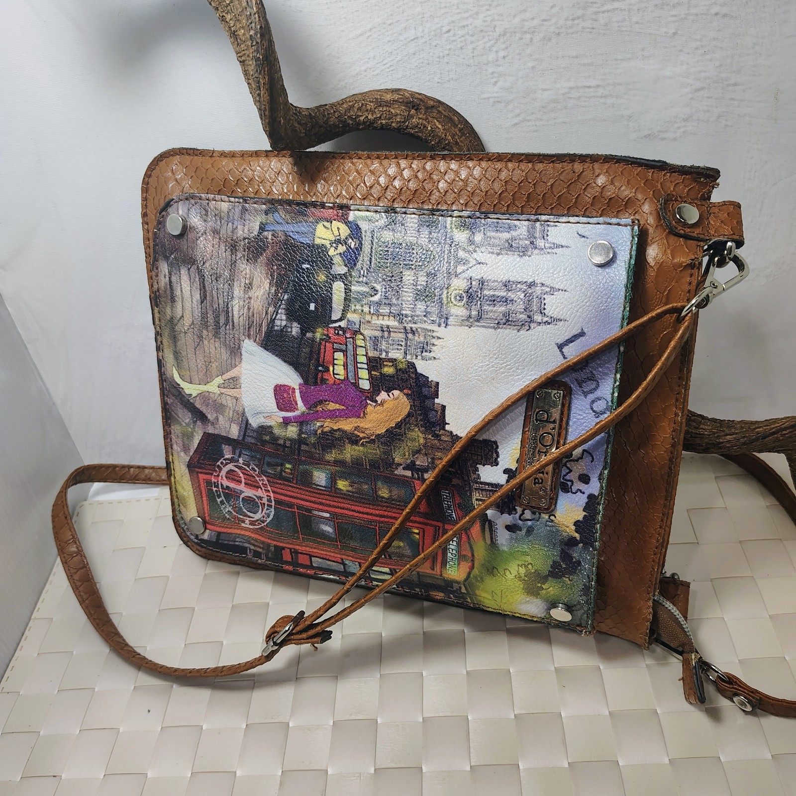 d’ Orcia London Telephone Booth Painting on Crossbody bag with Front Pocket