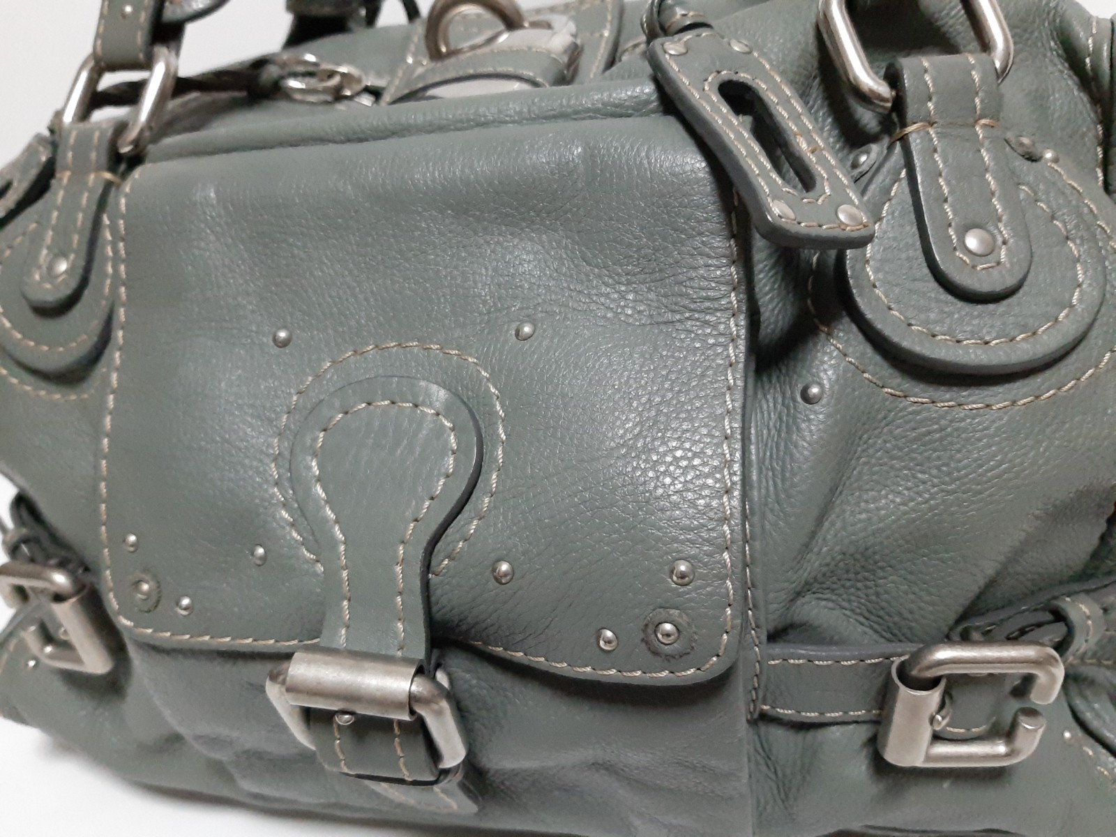 Chloe Paddington Shoulder Hand Bag Purse Leather Gray Khaki Padlock Key