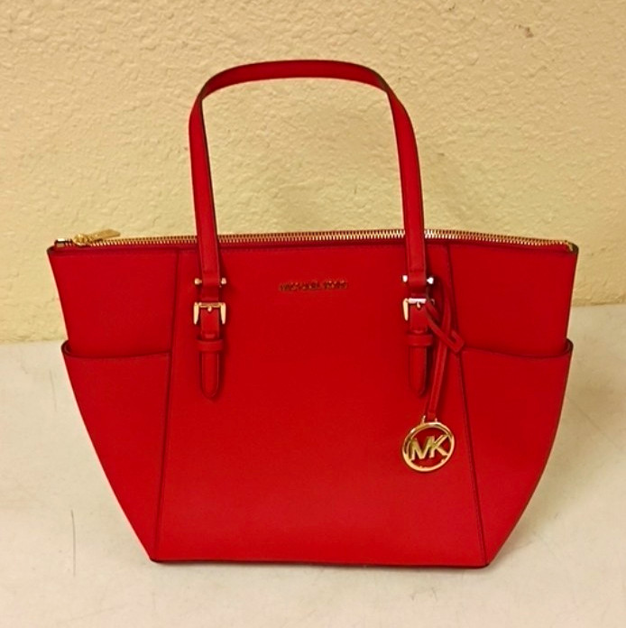 Michael Kors Women’s Red Satchel Zip Gold Hardware MK Charm Inner/Outer Pockets
