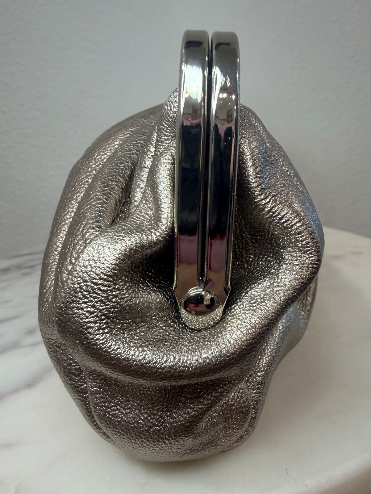 Express Metallic Silver Kiss Lock Pleated Clutch, Lined w/ Inner Pockets