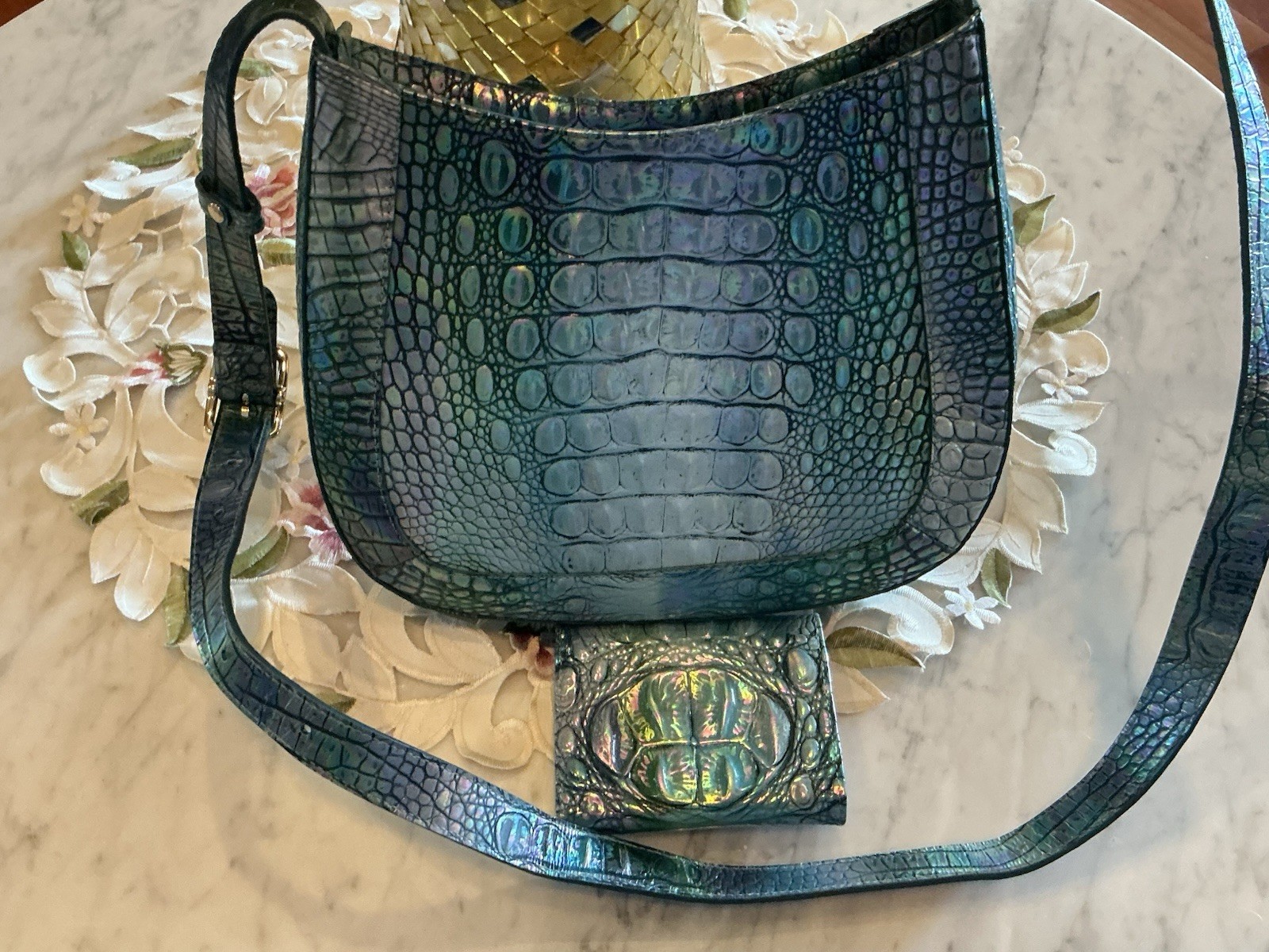 BRAHMIN Eye Catching BLUE TOPAZ OPALESCENT IRIDESCENT Sm JOHANNA and WALLET NWT