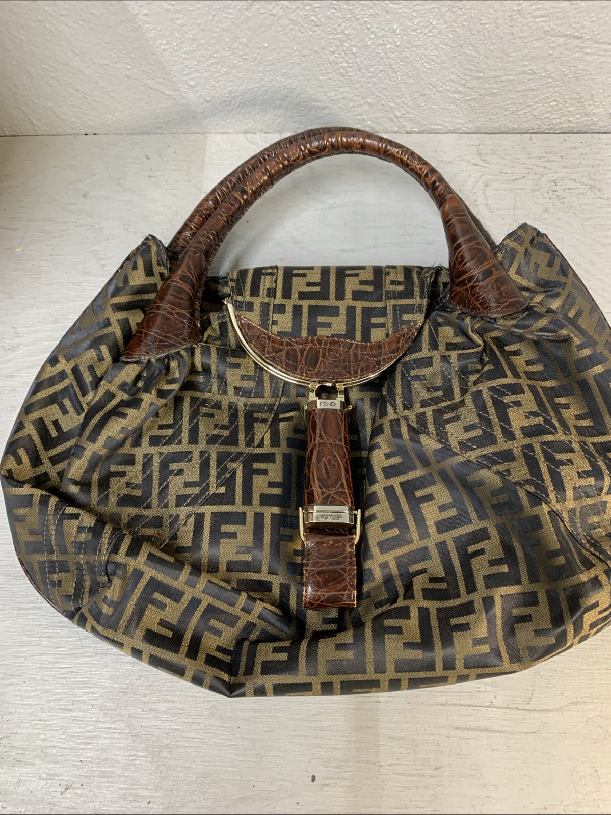 Authentic Fendi Zucca FF Monogram Large With Crocodile Handles