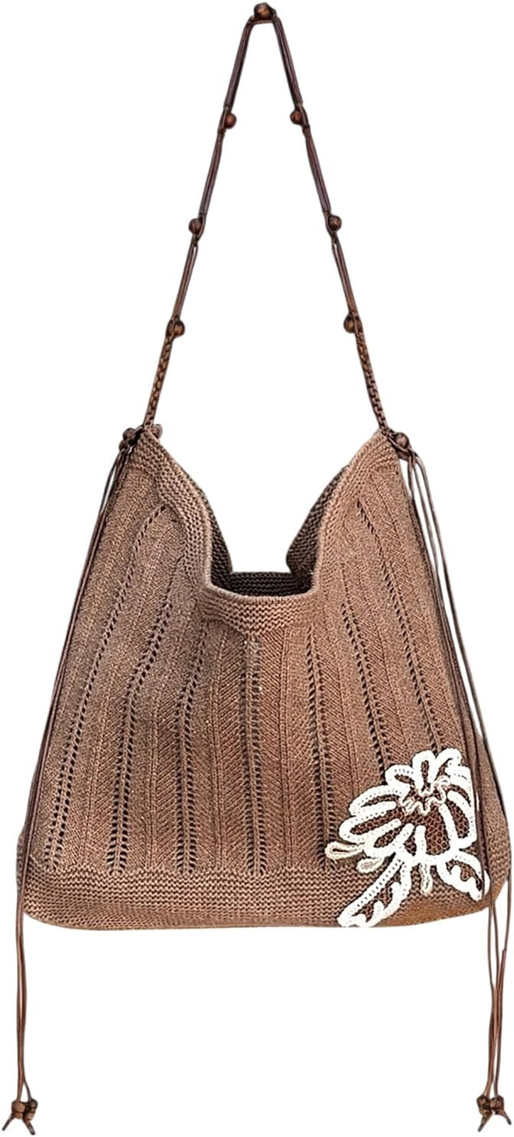 Crochet Beach Tote Bag Boho Woven Purse with Flowers Summer Vacation Travel