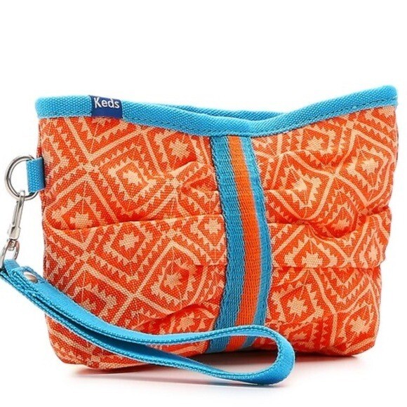Keds Clutch Wristlet Purse Bag Boho Orange Blue Zip Top removable Strap NWT