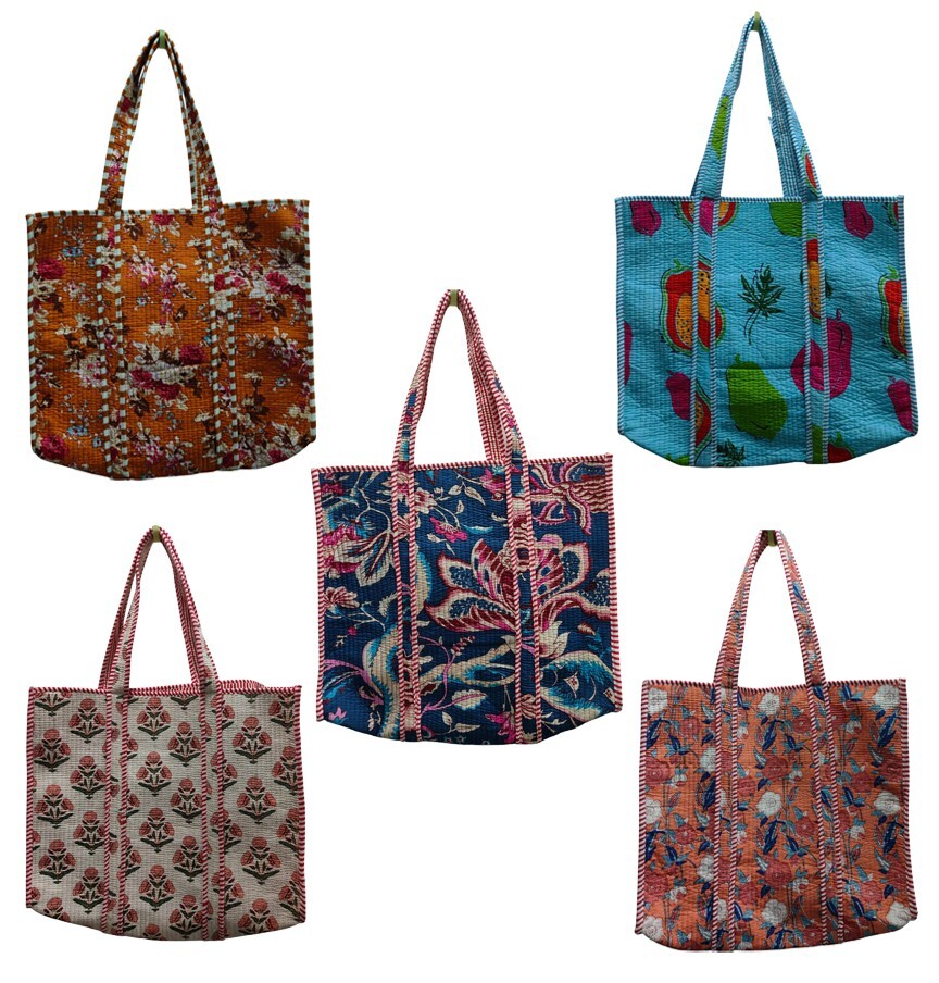 5 Pcs lot tote bag long handle cotton printed quilted traveling women bag Zip